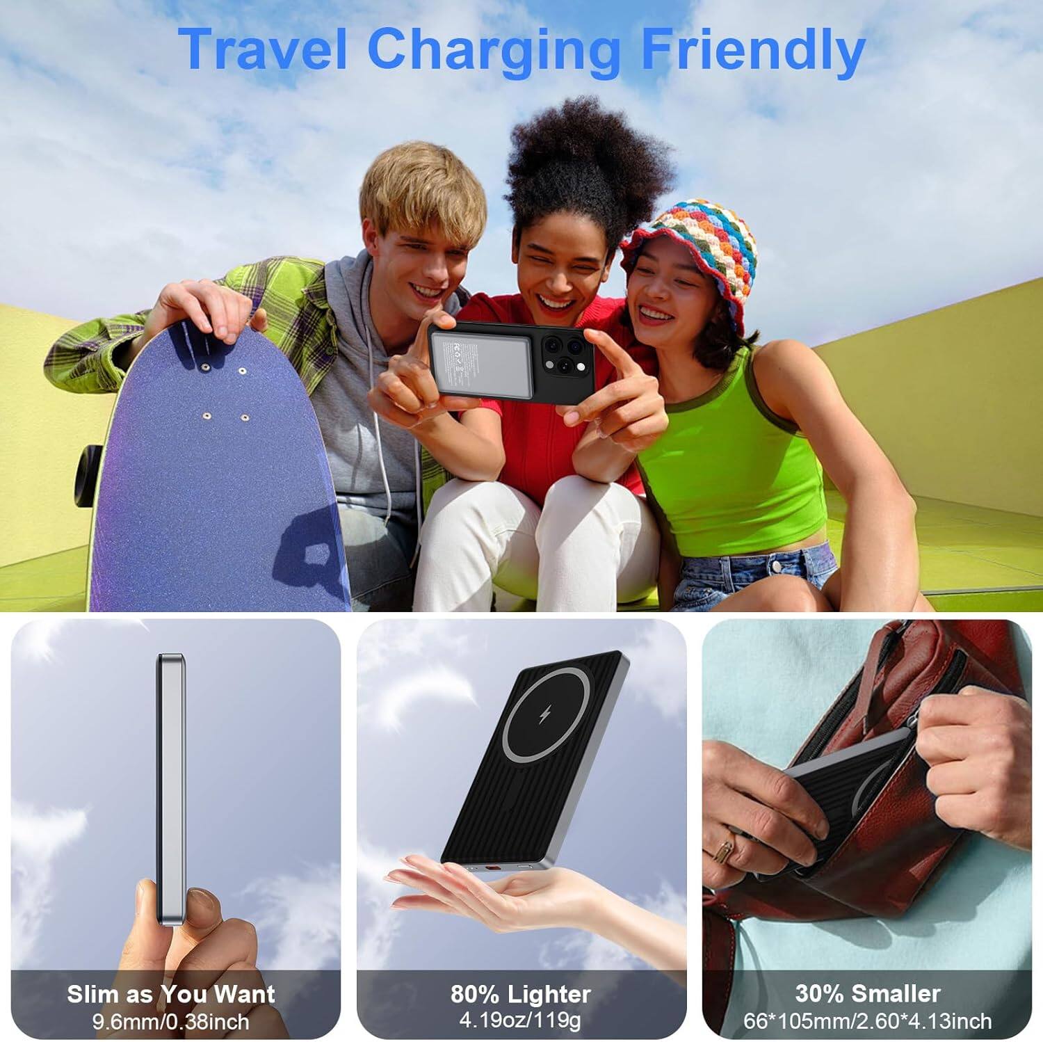 Travel Charging Friendly

Slim as You Want  
9.6mm/0.38inch

80% Lighter  
4.19oz/119g

30% Smaller  
66*105mm/2.60*4.13inch