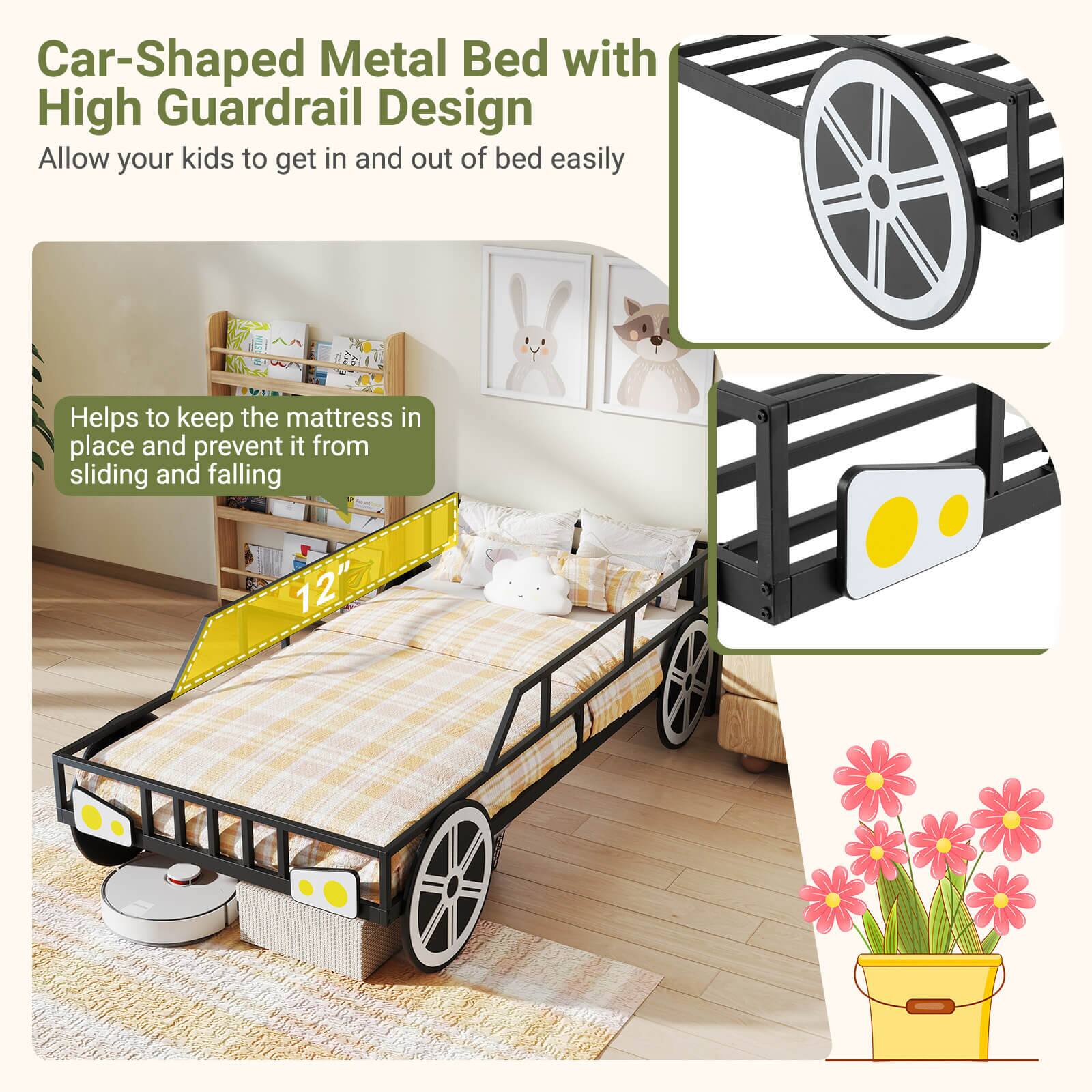 The image features a car-shaped metal bed with a high guardrail design. This bed is designed to allow kids to easily get in and out of bed, while also helping to keep the mattress in place and prevent it from sliding or falling. The bed is 12 inches in size.