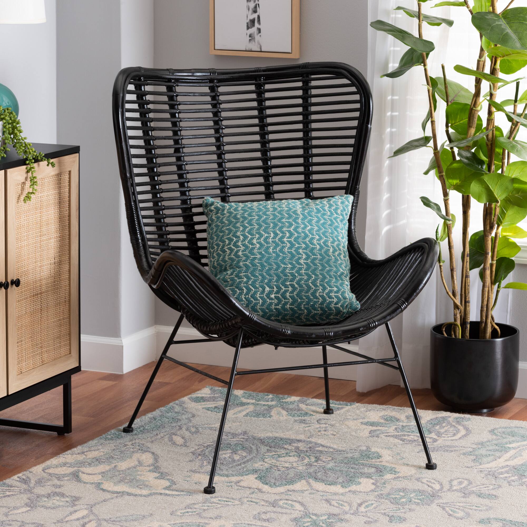 Alt View 4. bali & pari - Colorado Modern Bohemian Rattan and Metal Accent Chair - Black.
