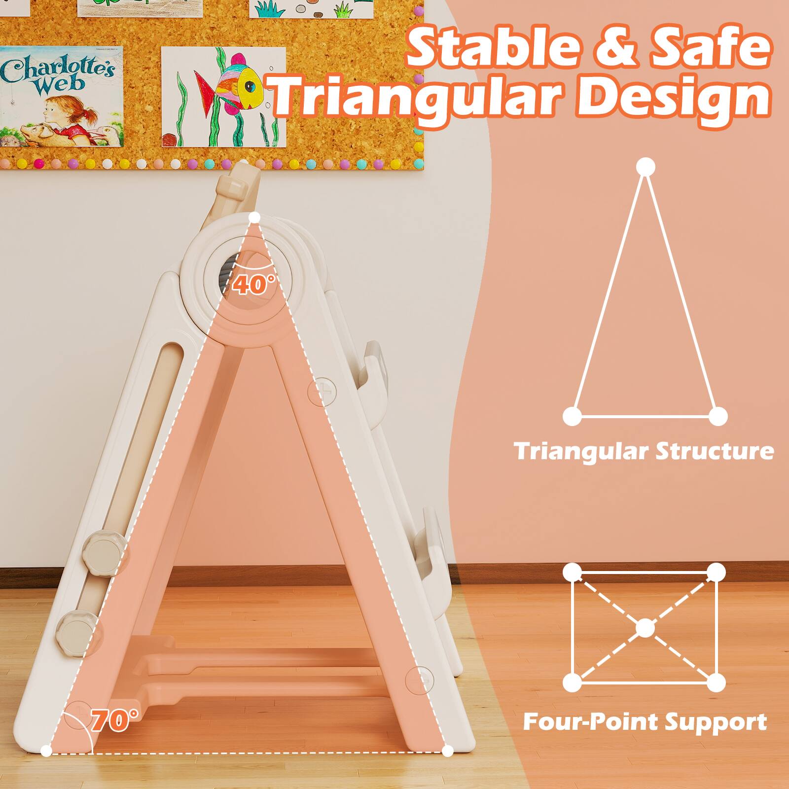 Stable & Safe  
Triangular Design  

40°  
70°  

Triangular Structure  
Four-Point Support