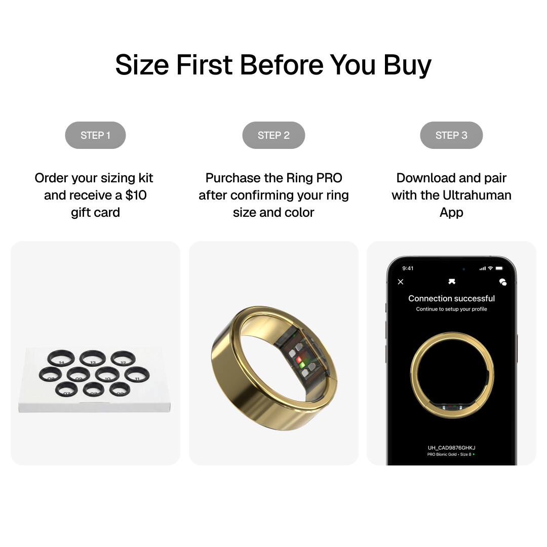 Size First Before You Buy

STEP 1
Order your sizing kit and receive a $10 gift card

STEP 2
Purchase the Ring PRO after confirming your ring size and color

STEP 3
Download and pair with the Ultrahuman App

9:41
Connection successful
Continue to setup your profile

UH_CAD9876GHKJ
PRO BionicGold-Size8