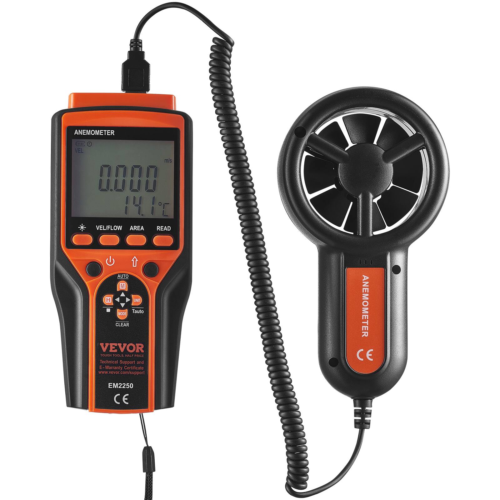 ANEMOMETER  
VEL mis 0.000  
14.1 °C  
VEL/FLOW AREA READ  
AUTO M H  
Tauto  
BOCK CLEAR  
VEVOR  
Technical Support and E Warranty Certificate  
www.vevor.com/support  
VEVOR  
EM2250  
CE