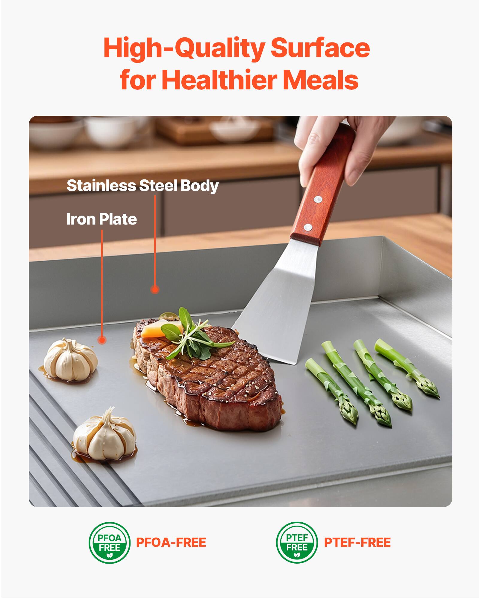 High-Quality Surface for Healthier Meals

Stainless Steel Body
Iron Plate

PFOA-FREE
PTEF-FREE