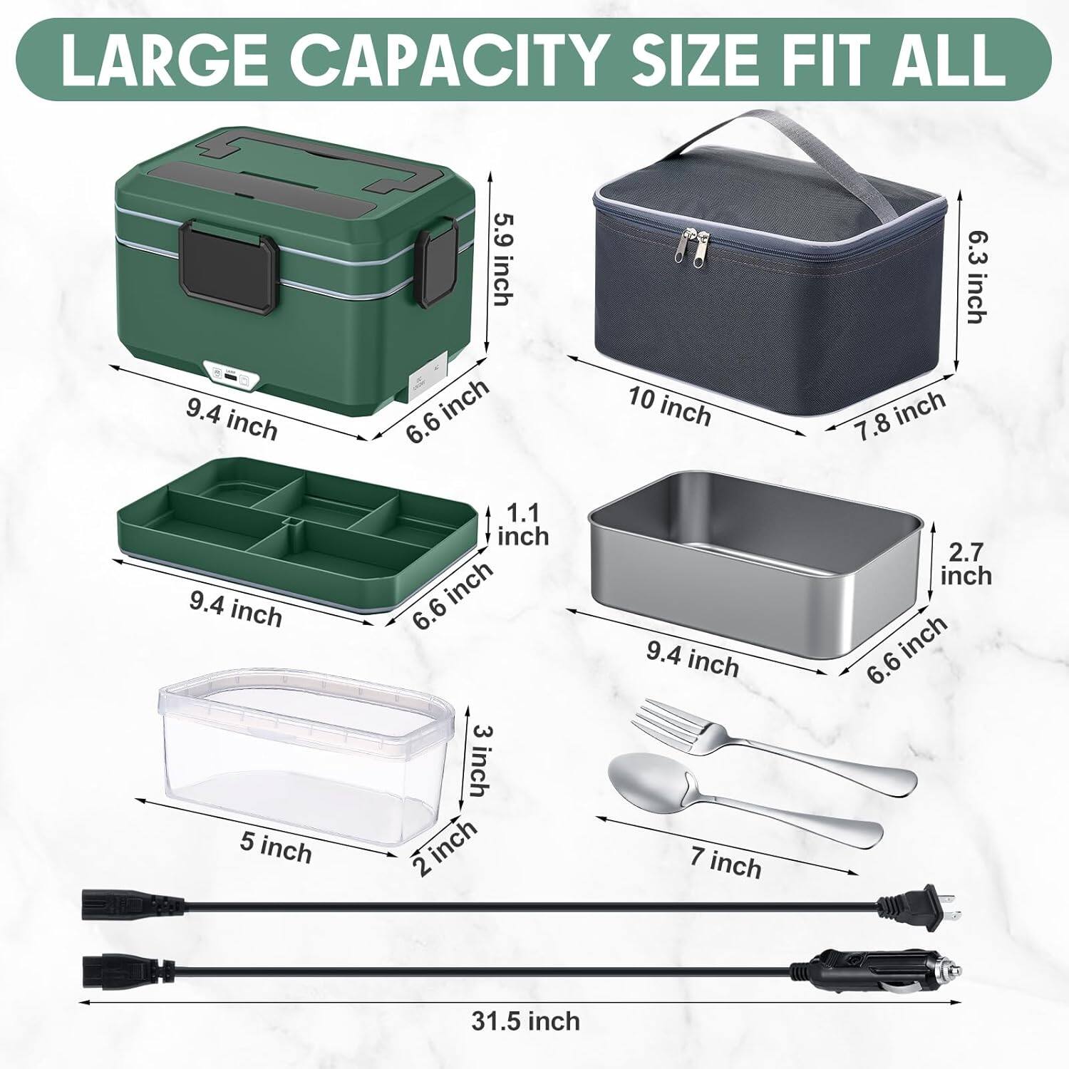 LARGE CAPACITY SIZE FIT ALL

- 9.4 inch
- 6.6 inch
- 5.9 inch
- 1.1 inch
- 10 inch
- 6.3 inch
- 7.8 inch
- 2.7 inch
- 5 inch
- 3 inch
- 2 inch
- 7 inch
- 31.5 inch