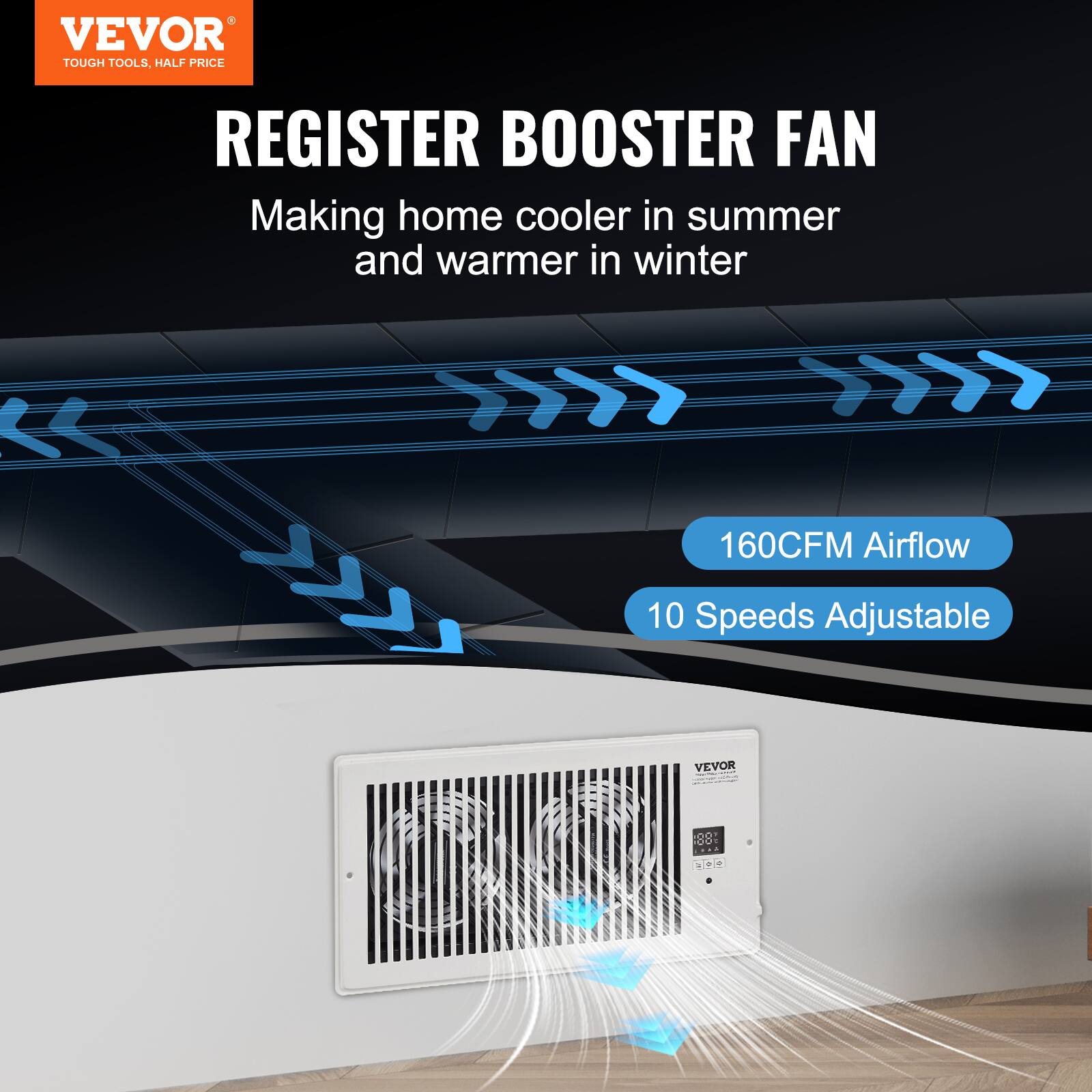 VEVOR TOUGH TOOLS, HALF PRICE  
REGISTER BOOSTER FAN  
Making home cooler in summer and warmer in winter  
160CFM Airflow  
10 Speeds Adjustable