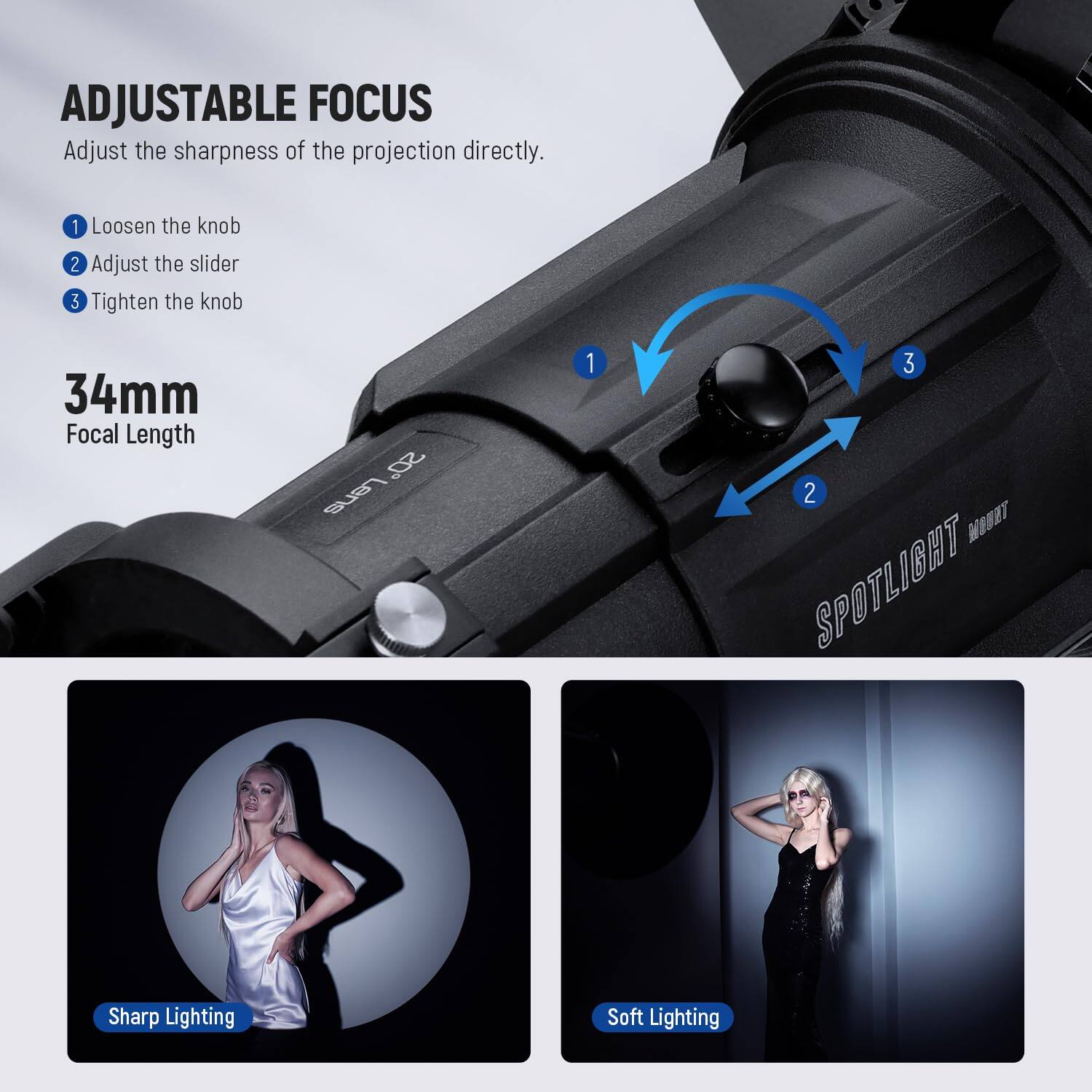 ADJUSTABLE FOCUS  
Adjust the sharpness of the projection directly.  
1. Loosen the knob  
2. Adjust the slider  
3. Tighten the knob  

34mm Focal Length  

Sharp Lighting  
Soft Lighting