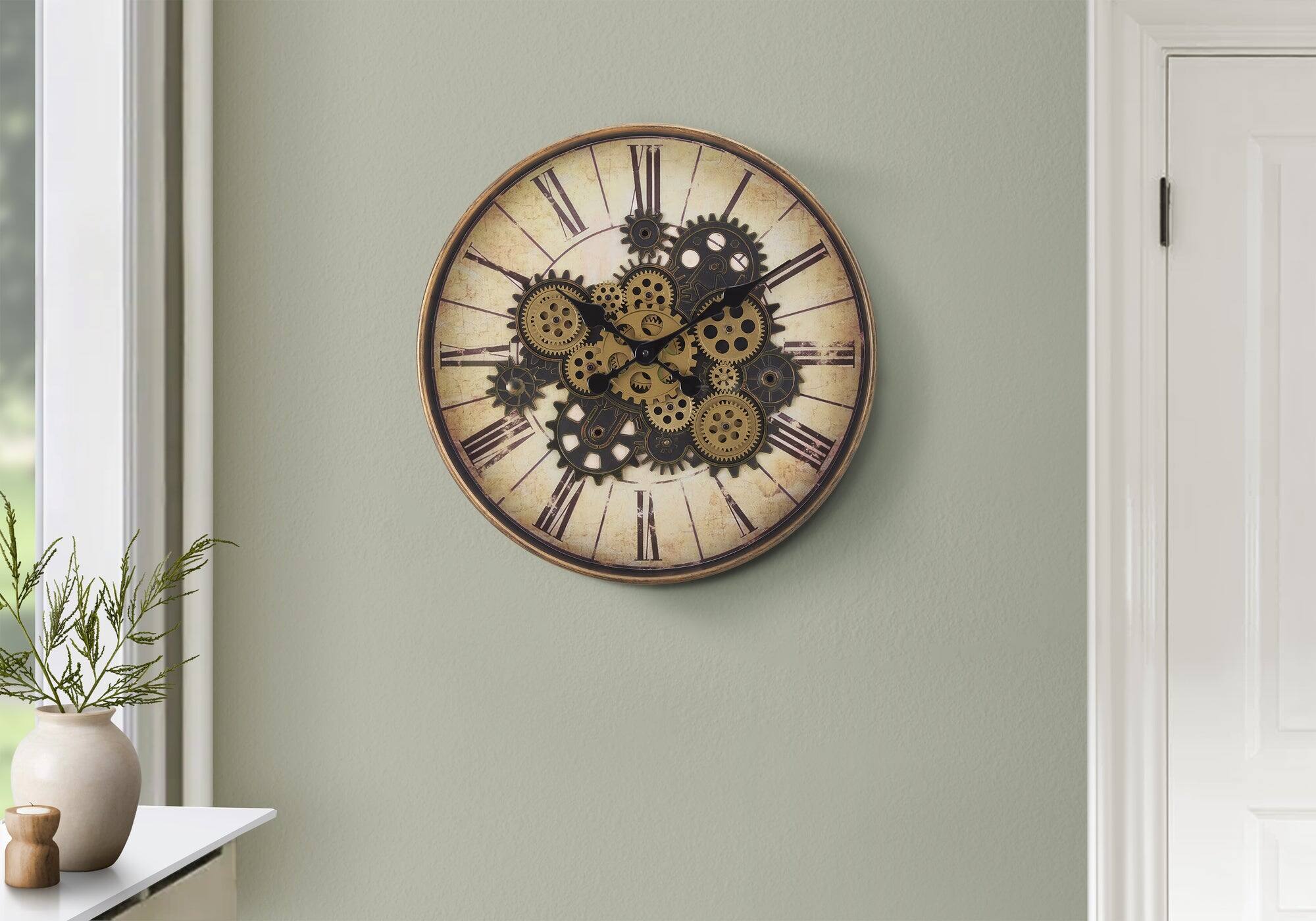 Front. BreeBe - Clocks, 20' Round, Gear Mechanism, Wall Clock, Brown, Transitional - Brown.