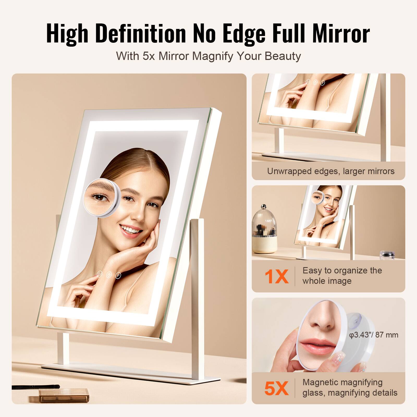 High Definition No Edge Full Mirror  
With 5x Mirror Magnify Your Beauty  

Unwrapped edges, larger mirrors  

1X  
Easy to organize the whole image  

5X  
Magnetic magnifying glass, magnifying details  

φ3.43" 87 mm