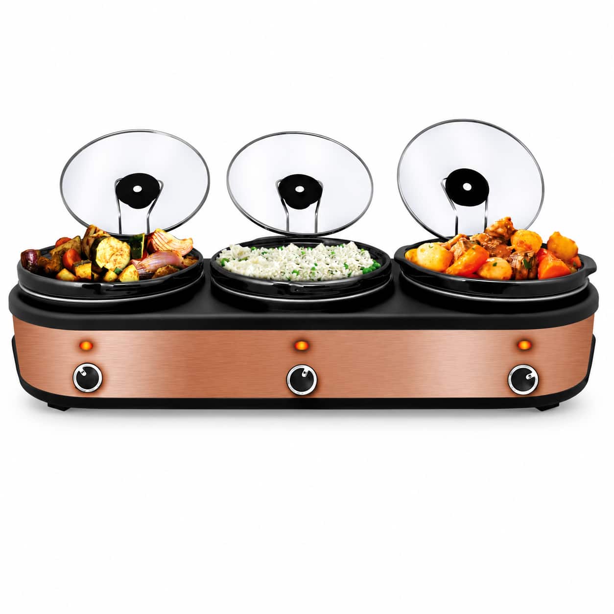 MASDROW - Triple 2.5-Quart Slow Cooker Buffet Server with 3 Ceramic Pots and Removable Lid Rests - Copper