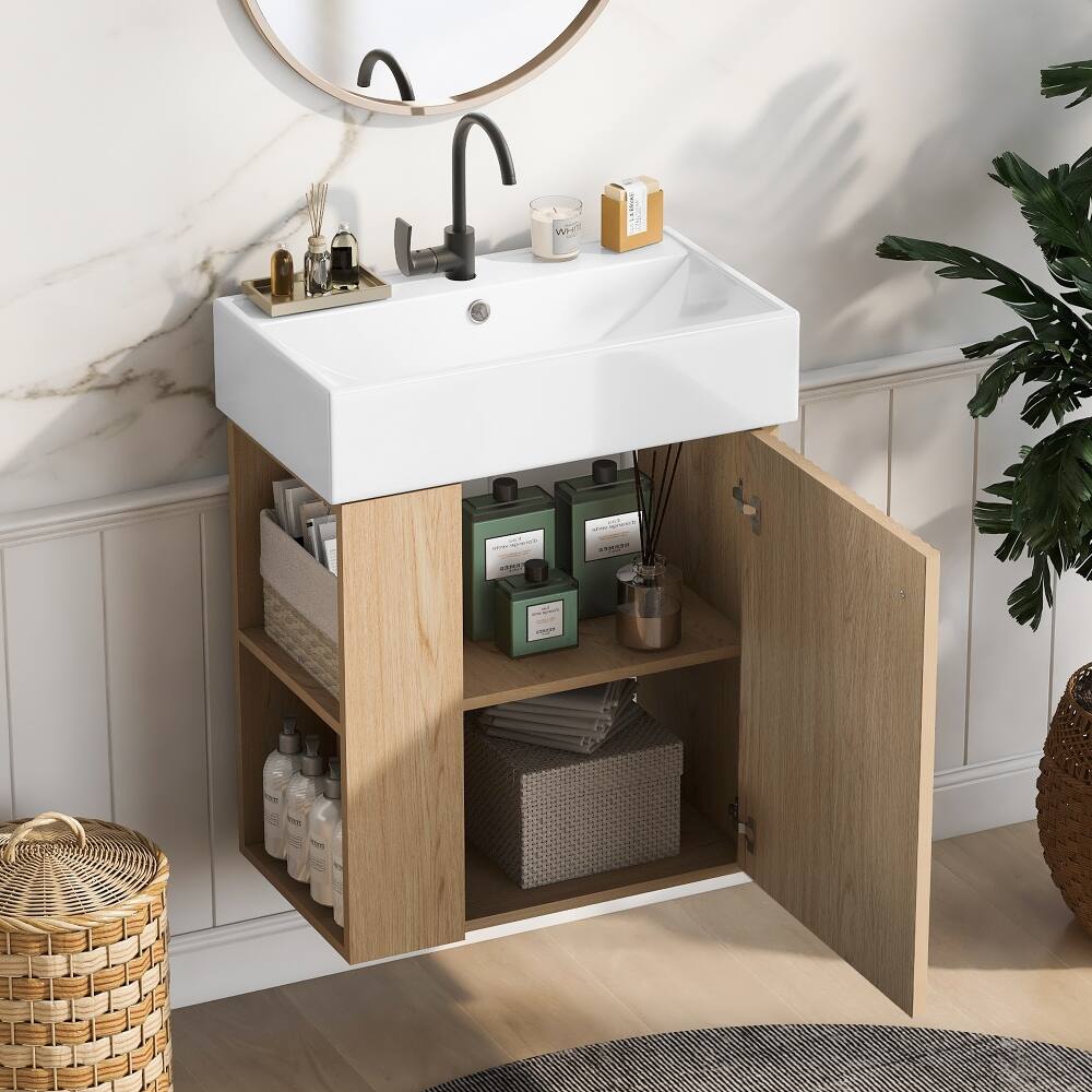 Angle. Loheer - Loheer 21.6 inch floating bathroom vanity Wood Wall Mounted Vanity with Ceramic Basin Sink - Wood.