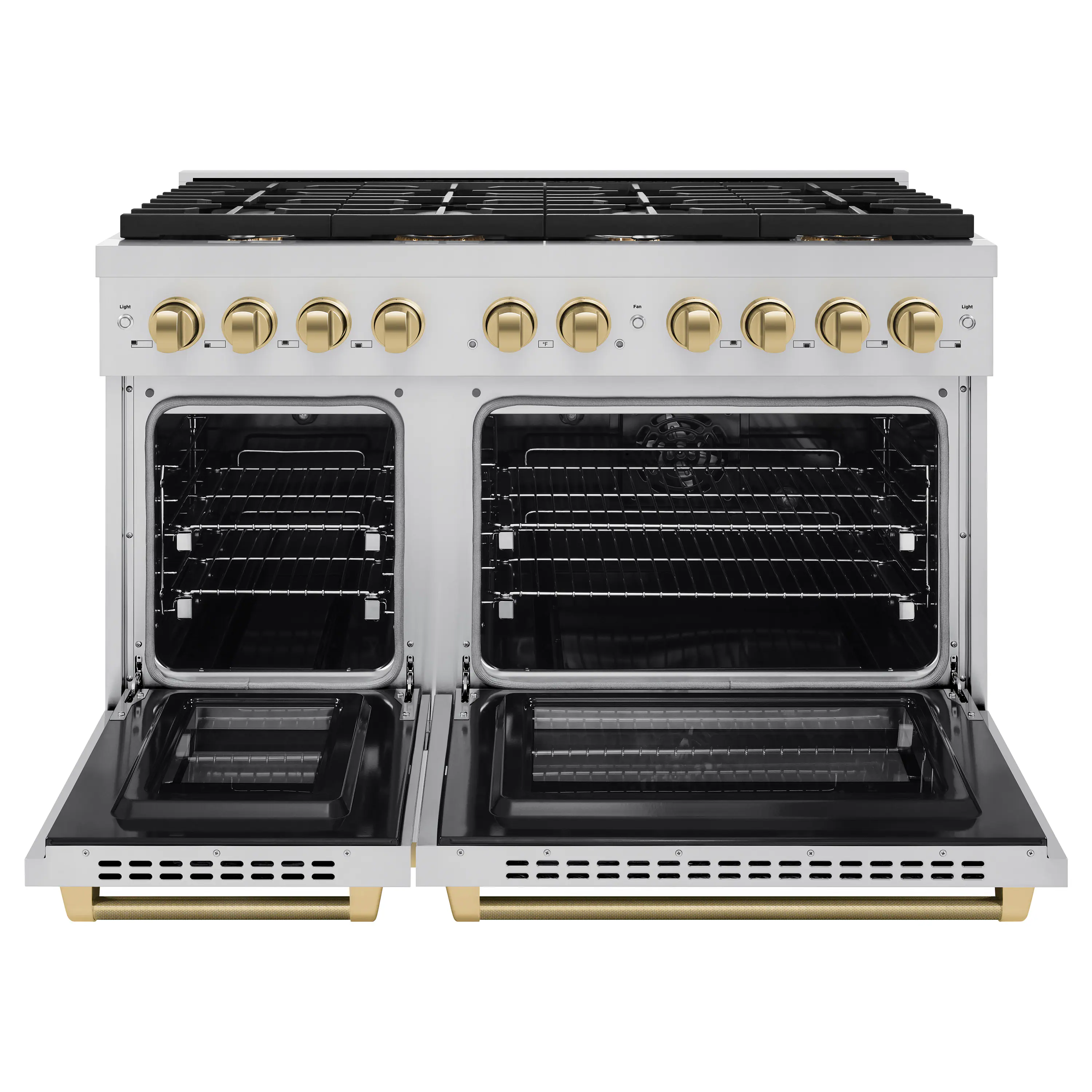 Angle. ZLINE - ZLINE Autograph 48 in. 6.7 cu. ft. Freestanding Paramount Dual Fuel Range in Stainless Steel with Bronze Helix Handles - Stainless Steel.