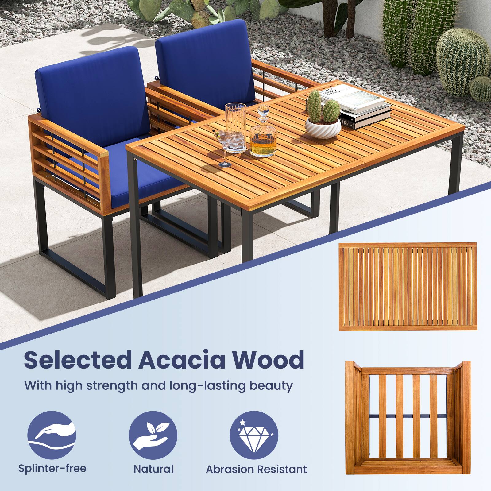Selected Acacia Wood  
With high strength and long-lasting beauty  

- Splinter-free  
- Natural  
- Abrasion Resistant
