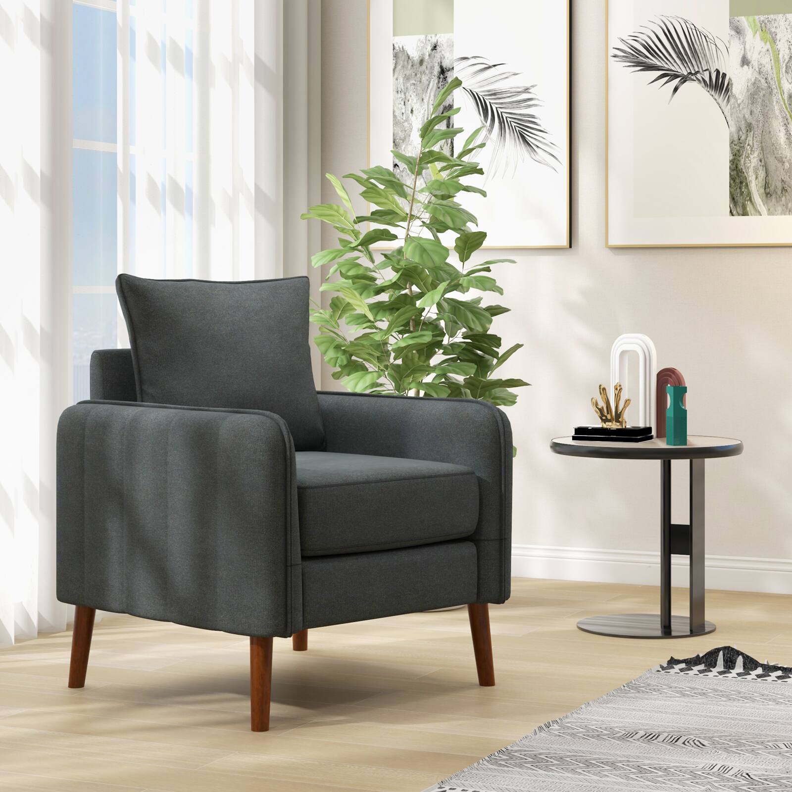 Alt View 16. Costway - Modern Mid-Century Armchair with Rubber Wood Legs - Grey.
