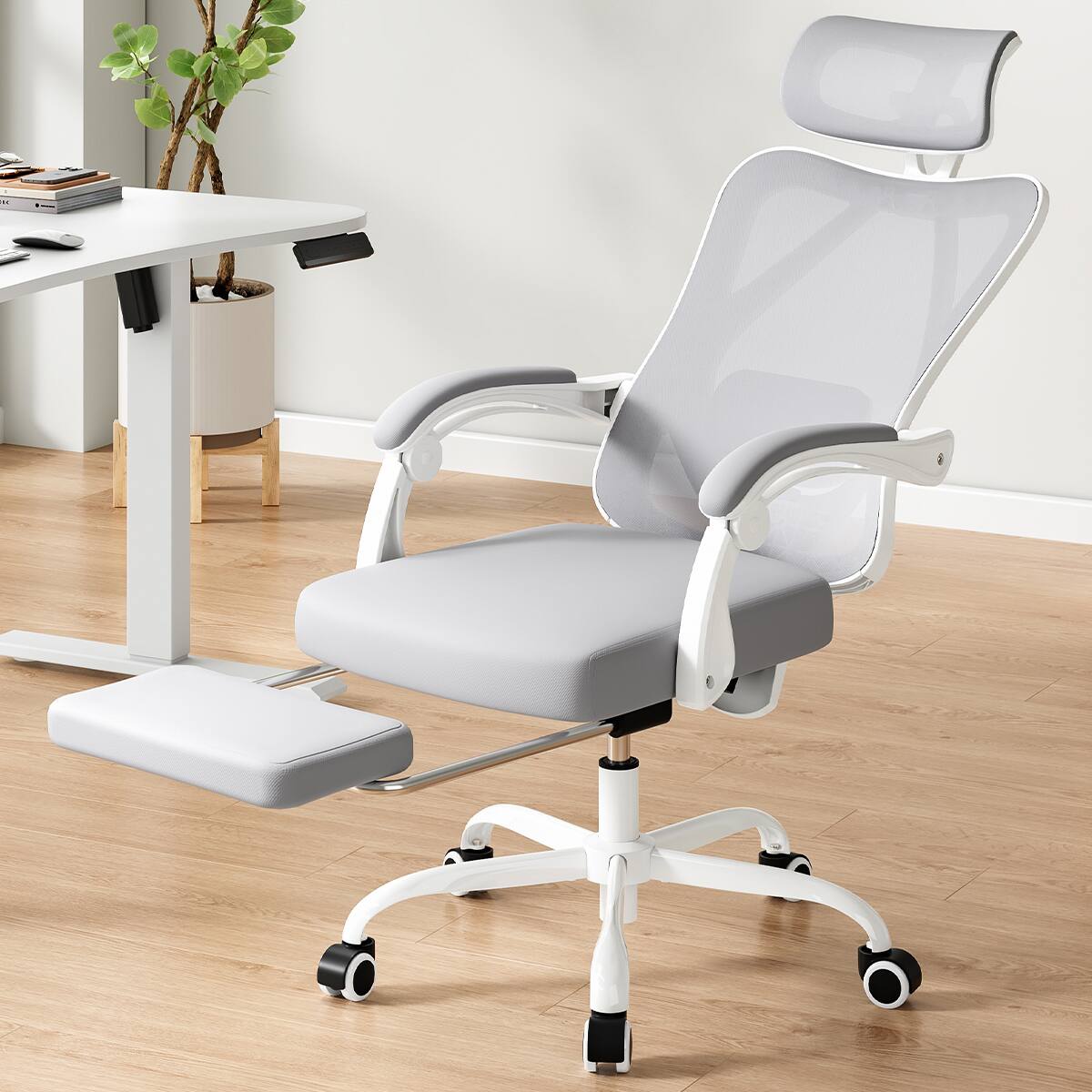Alt View 2. Spaco - Spaco Ergonomic Executive Office Chair, Mesh, Footrest, Headrest, High Back, Adjustable Lumbar Support, for Home Office - Grey.