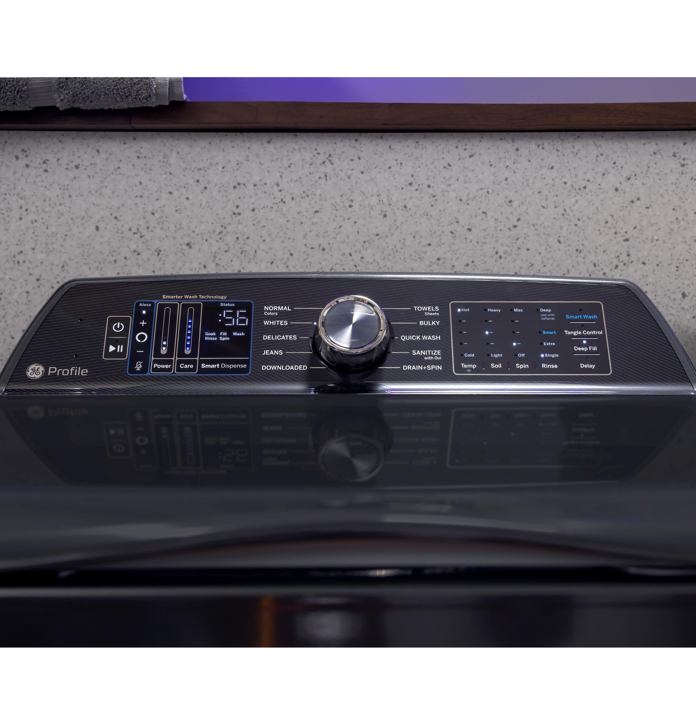 The text on the image reads:

"%6 Profile 114 Smarter - Iermnatoas - - NORMAL - 56 WIITES - - - I - DELICATES HANDS - cane Smart Dispens DOWNLDADED TOWELS I BULKY QUICK WASH ANITIZE : - DRAIN+SPIN + - - Temp - - - Sei I - Spin Sp -  Smart Wash - - Targle CanI -d LEED T shana Rnse Delay 2P"

The text appears to be a combination of various settings and options for a washing machine or dryer. It includes information about the profile, temperature, spin speed, and other settings that can be adjusted to optimize the washing or drying process.