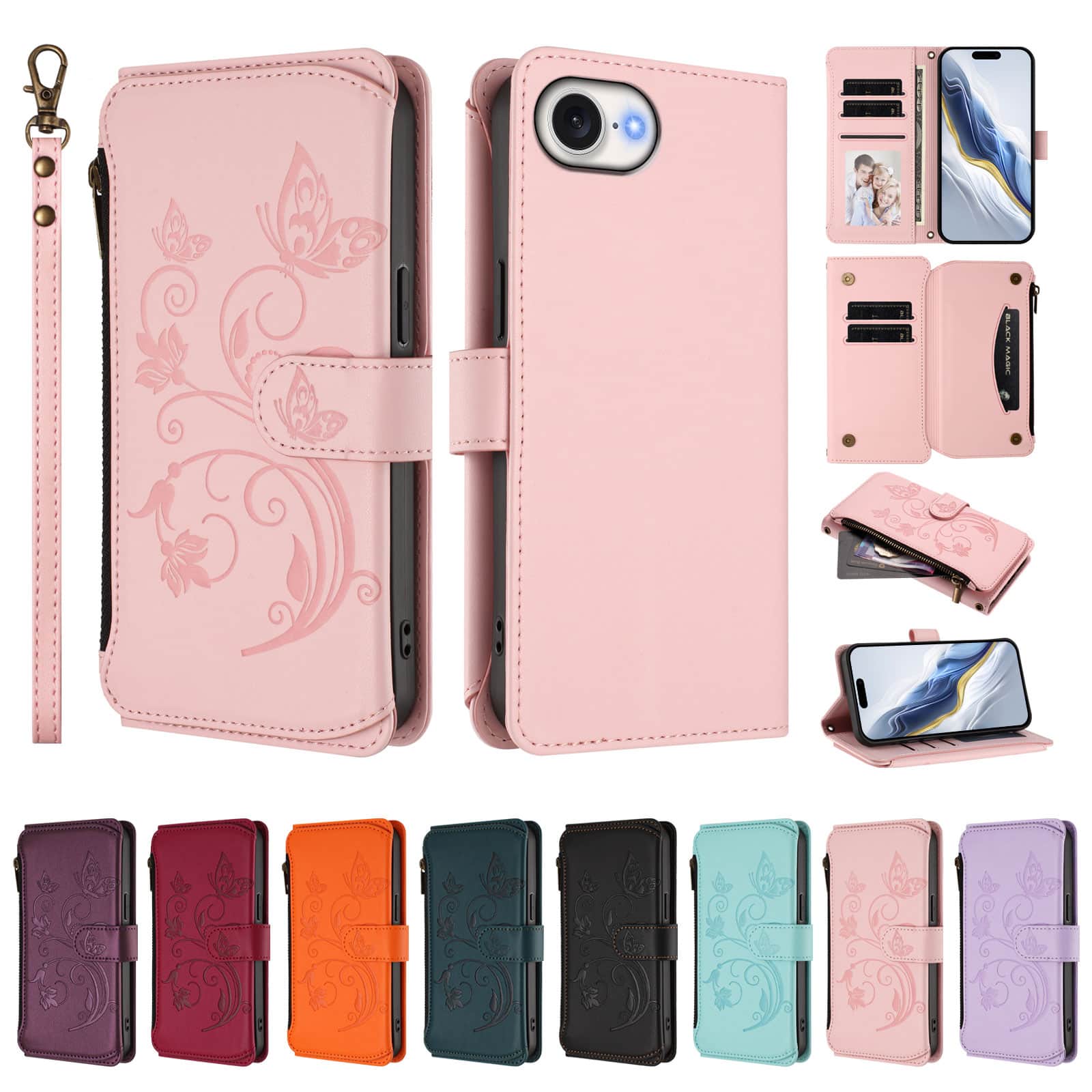 Dteck - Crossbody Wallet Case for Apple iPhone 17e / 16e,Embossed Butterfly Flower Folio Cover with Zipper Pocket+Strap - Pink price history on PriceWatchPro