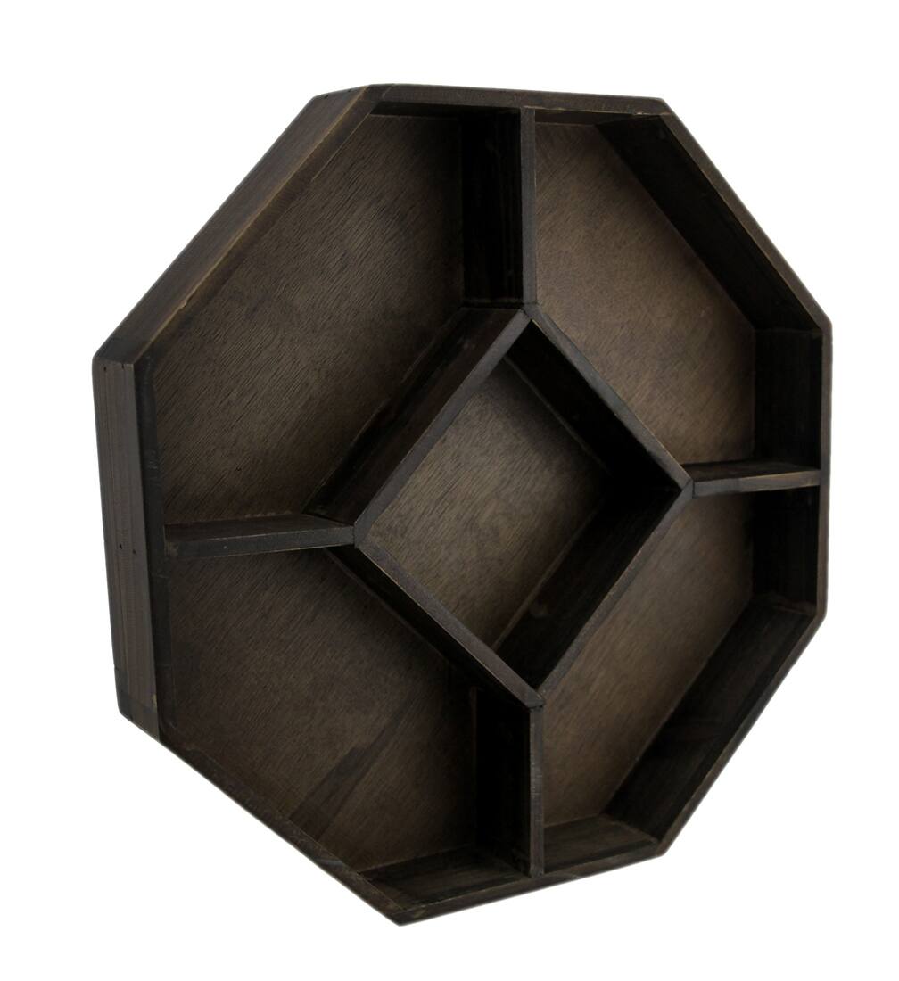 Front. Zeckos - Dark Brown Wooden Geometric Hexagon Crystal Display Shelf - Brown.
