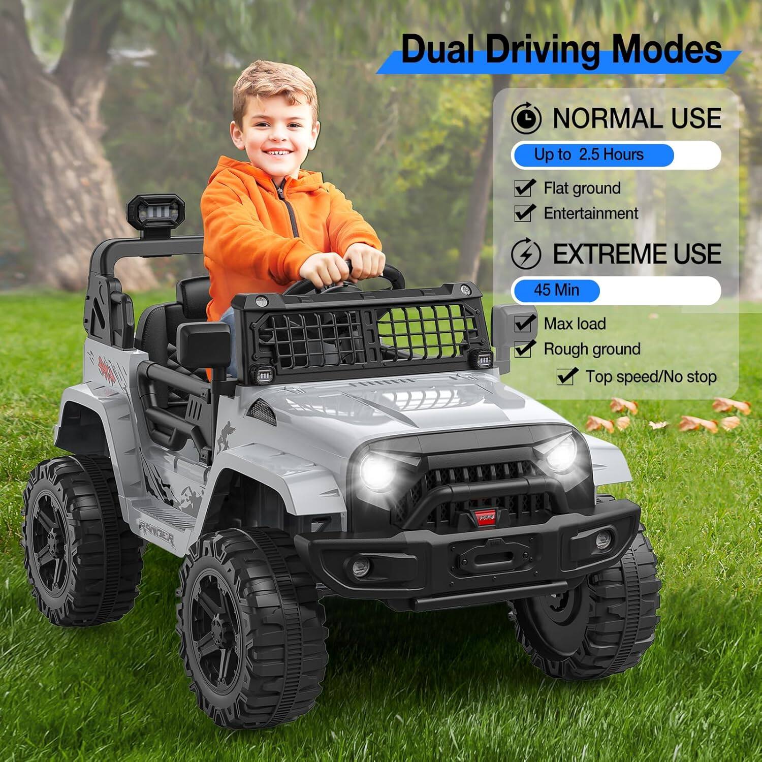 Dual Driving Modes

NORMAL USE
- Up to 2.5 Hours
- Flat ground
- Entertainment

EXTREME USE
- 45 Min
- Max load
- Rough ground
- Top speed/No stop