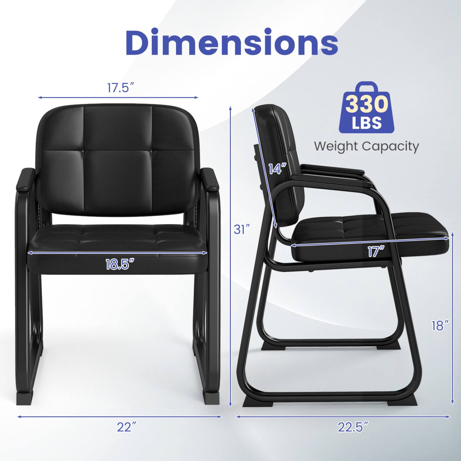 Dimensions
- 17.5"
- 14"
- 330 LBS Weight Capacity
- 18.5"
- 31"
- 17"
- 18"
- 22"
- 22.5"