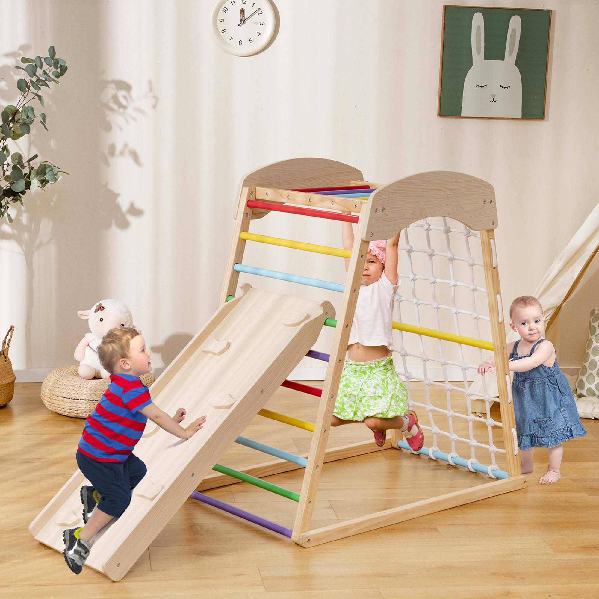 Alt View 1. Costway - Costway 6-in-1 Wood Jungle Gym Montessori Climbing Play Set with Double-sided Ramp - Colorful.