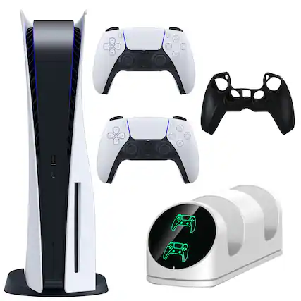 Front. Sony - PlayStation 5 Console with Extra DualSense Controller and Accessories - White.