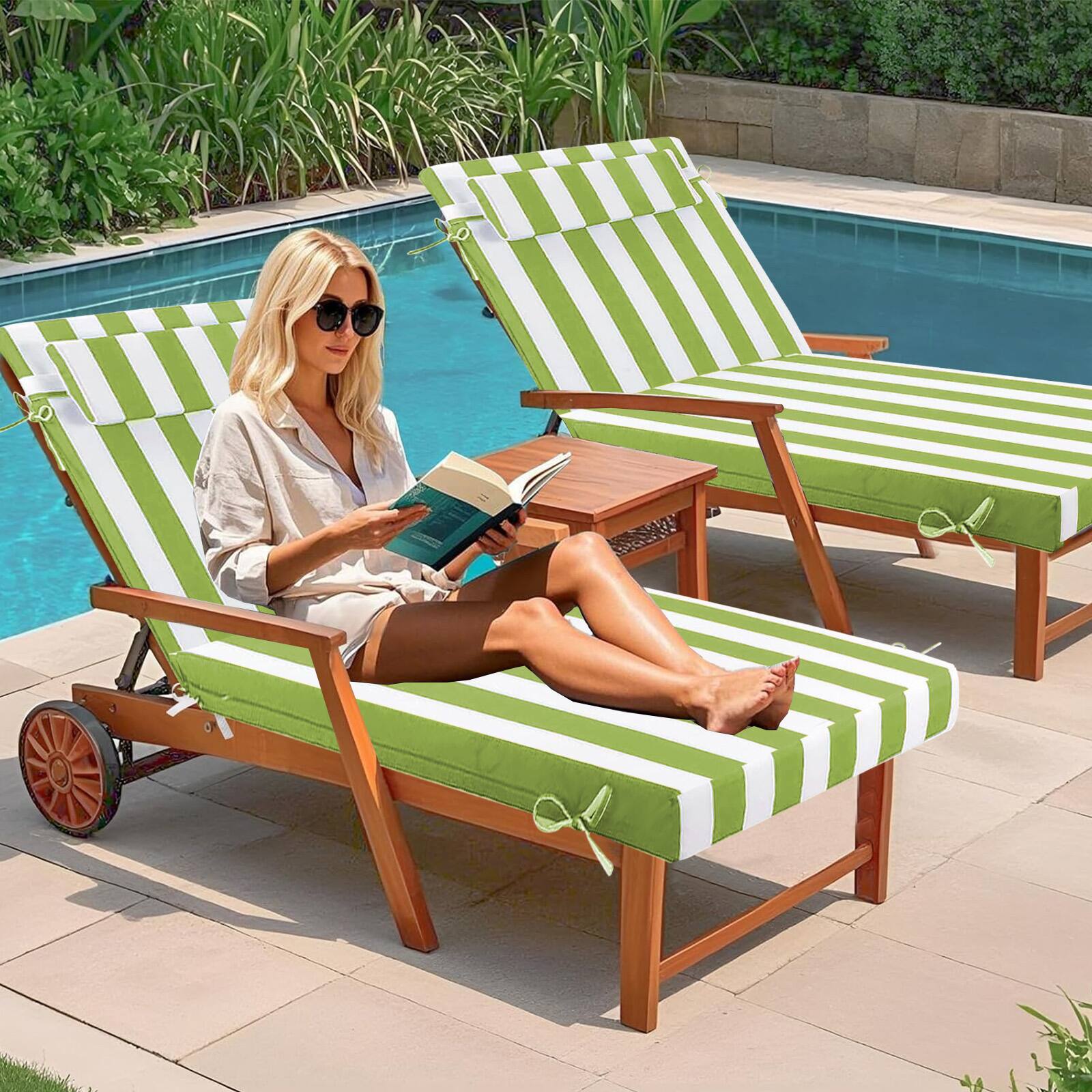 Alt View 6. Chateau Abodes - 4PCS Outdoor Chaise Lounge Cushion, Waterproof Patio Chaise Lounge Cushion with Ties, 72" L X 21" W X 3" D - Olive Green with White Stripes.