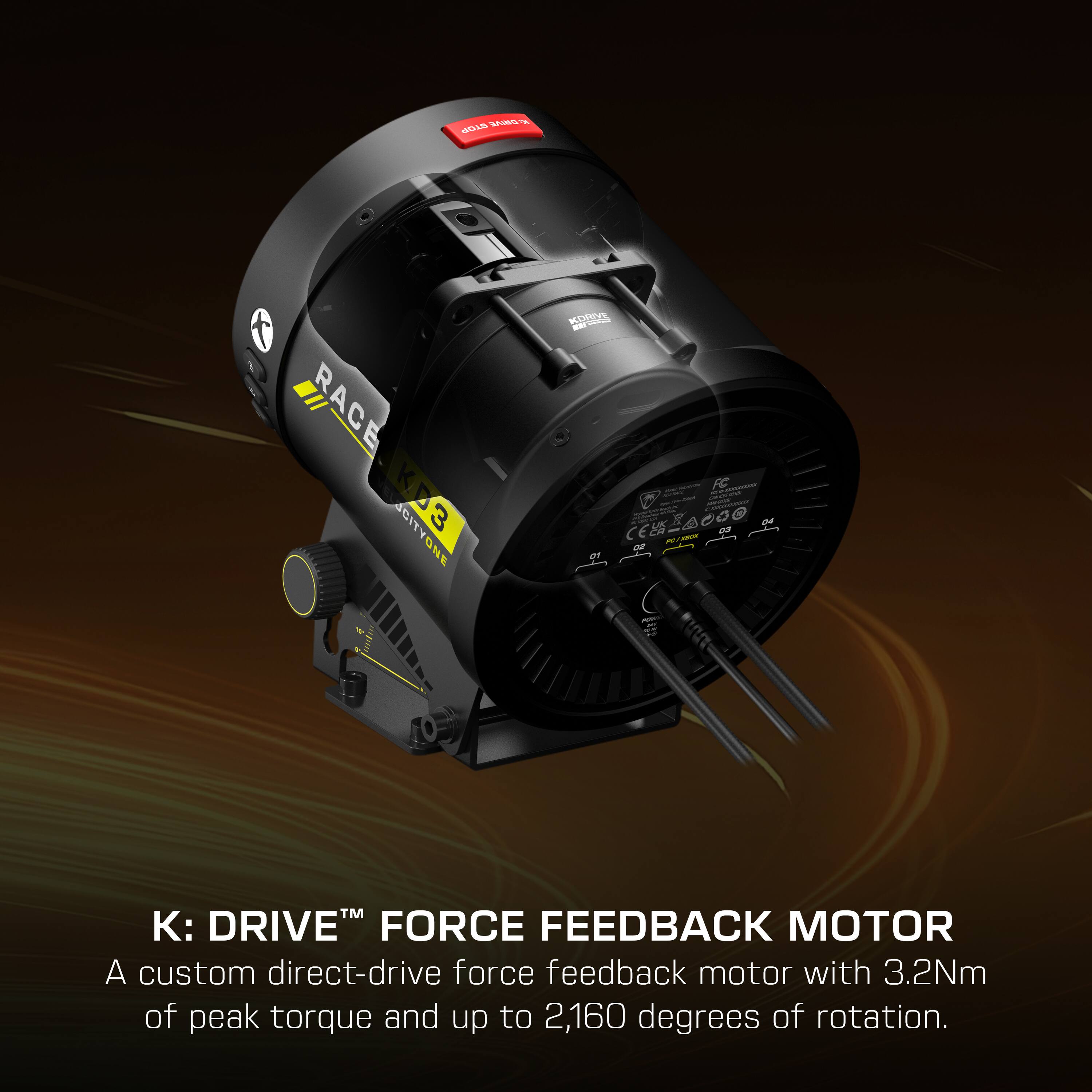 The corrected text is:

"K:DRIVE™ FORCE FEEDBACK MOTOR
A custom direct-drive force feedback motor with 3.2Nm of peak torque and up to 2,160 degrees of rotation."
