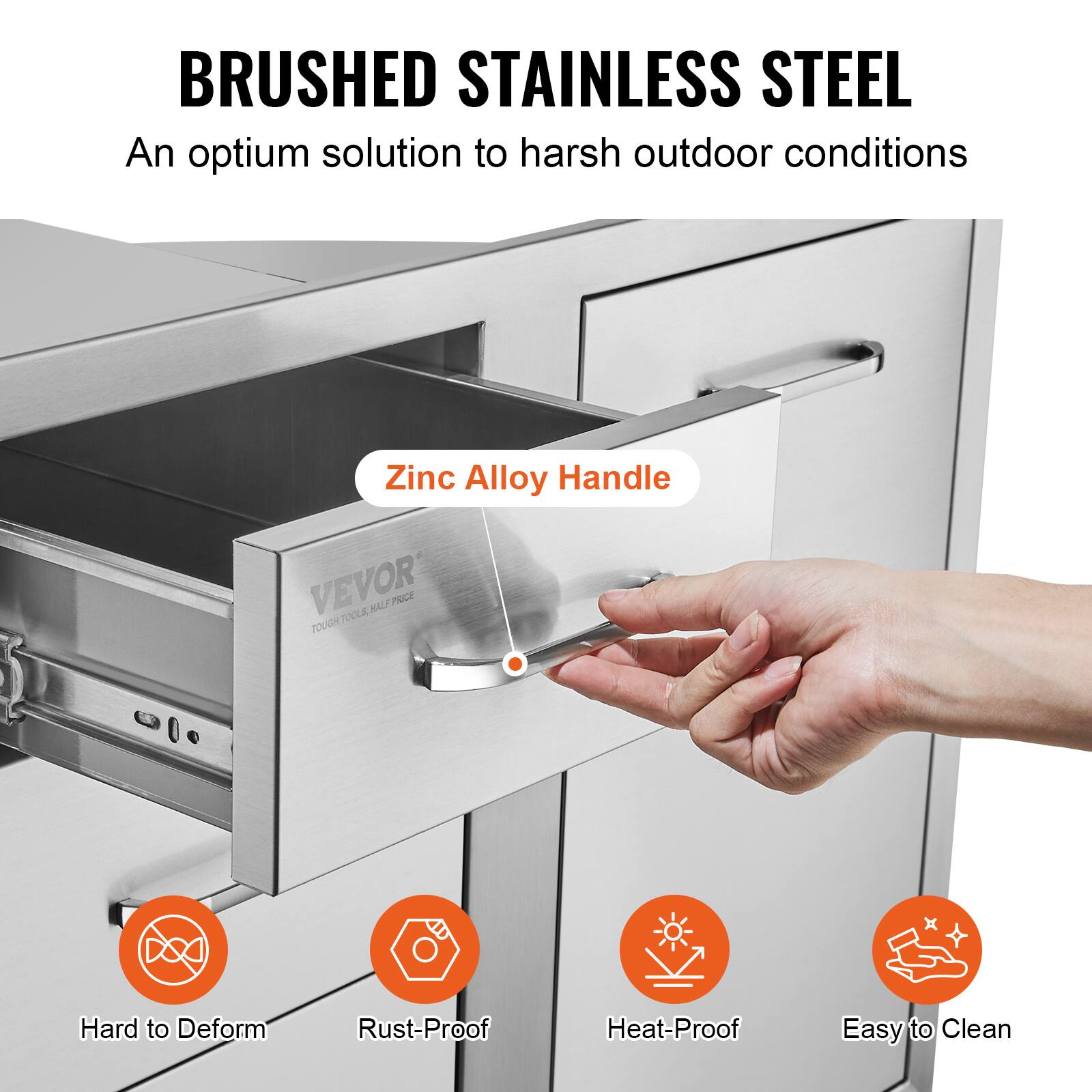 BRUSHED STAINLESS STEEL  
An optimum solution to harsh outdoor conditions  

Zinc Alloy Handle  

Hard to Deform  
Rust-Proof  
Heat-Proof  
Easy to Clean