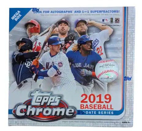 **Topps Chrome 2019 Baseball Date Series**
**Mega Box**
**Look for Autographs and 1-of-1 Superfractors!**
**No Purchase Necessary. See Back for Details.**
**Major League Baseball**
**Officially Licensed by Major League Baseball**
**Ages 6+**
**Topps Blue Jays**
**BCD83660622**