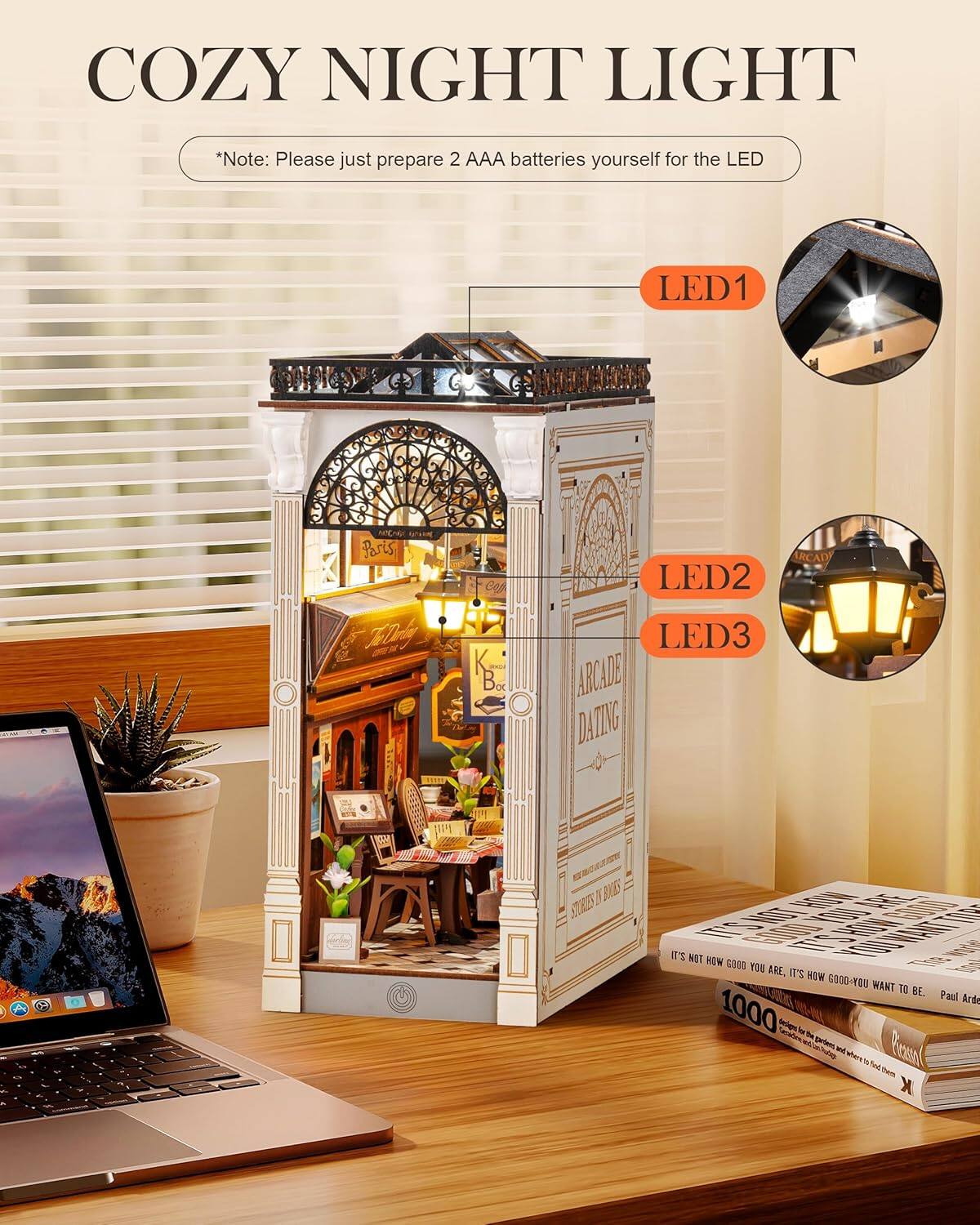 COZY NIGHT LIGHT  
*Note: Please just prepare 2 AAA batteries yourself for the LED  

LED1  
LED2  
LED3  

1 MCHX Paris Cop LED2 K Bot LED3 ARCADE DAZING BUES M IT NST HIW GOLD 1 126 ARE, 211 HOW G009-0 WANT TO BE. 03 Pasl Arde 1000 leien I Rren - K
