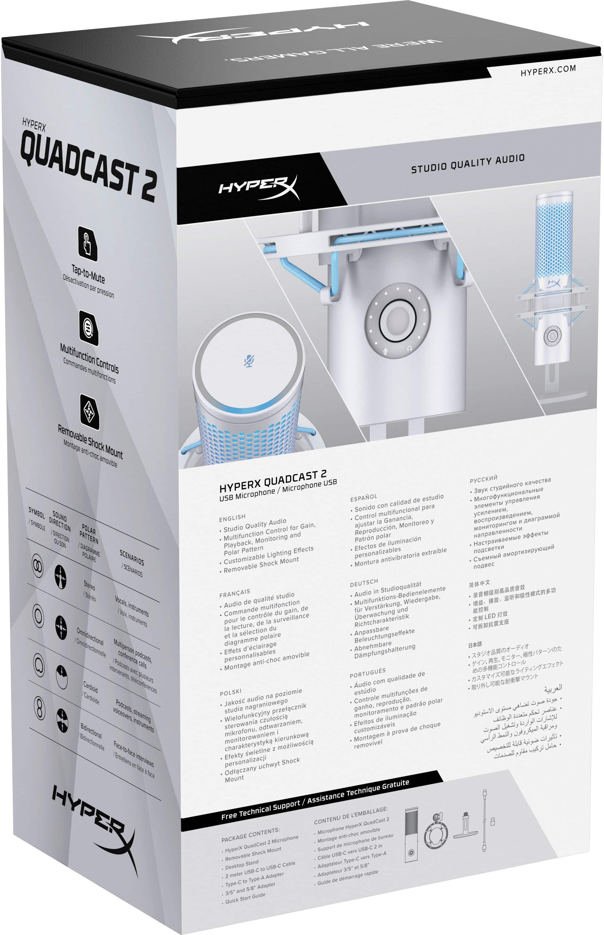 Sure, here is the corrected and grouped text from the image:
---
**HYPERX QUADCAST 2**
**HYPERX.COM**
**STUDIO QUALITY AUDIO**
**Tap-to-Mute**
desactivation par pression
**Multifunction Controls**
commandes multifonctions
**Removable Shock Mount**
montage anti-choc amovible
**HYPERX QUADCAST 2**
USB Microphone / Microphone USB
**ENGLISH**
- Studio Quality Audio
- Multifunction Control and Gain
- Customizable Lighting Effects
- Removable Shock Mount
**FRANÇAIS**
- Audio de qualité studio
- Commande multifonction, gain
- Effets d'éclairage personnalisables
- Montage anti-choc amovible
**DEUTSCH**
- Audio in Studioqualität
- Multifunktion-Steuerung und Gain
- Personalisierbare Lichteffekte
- Abnehmbarer Shock Mount
**ESPAÑOL**
- Control multifuncional para audio de calidad de estudio
- Reproducción, iluminación personalizable
- Montura anti-vibración extraíble