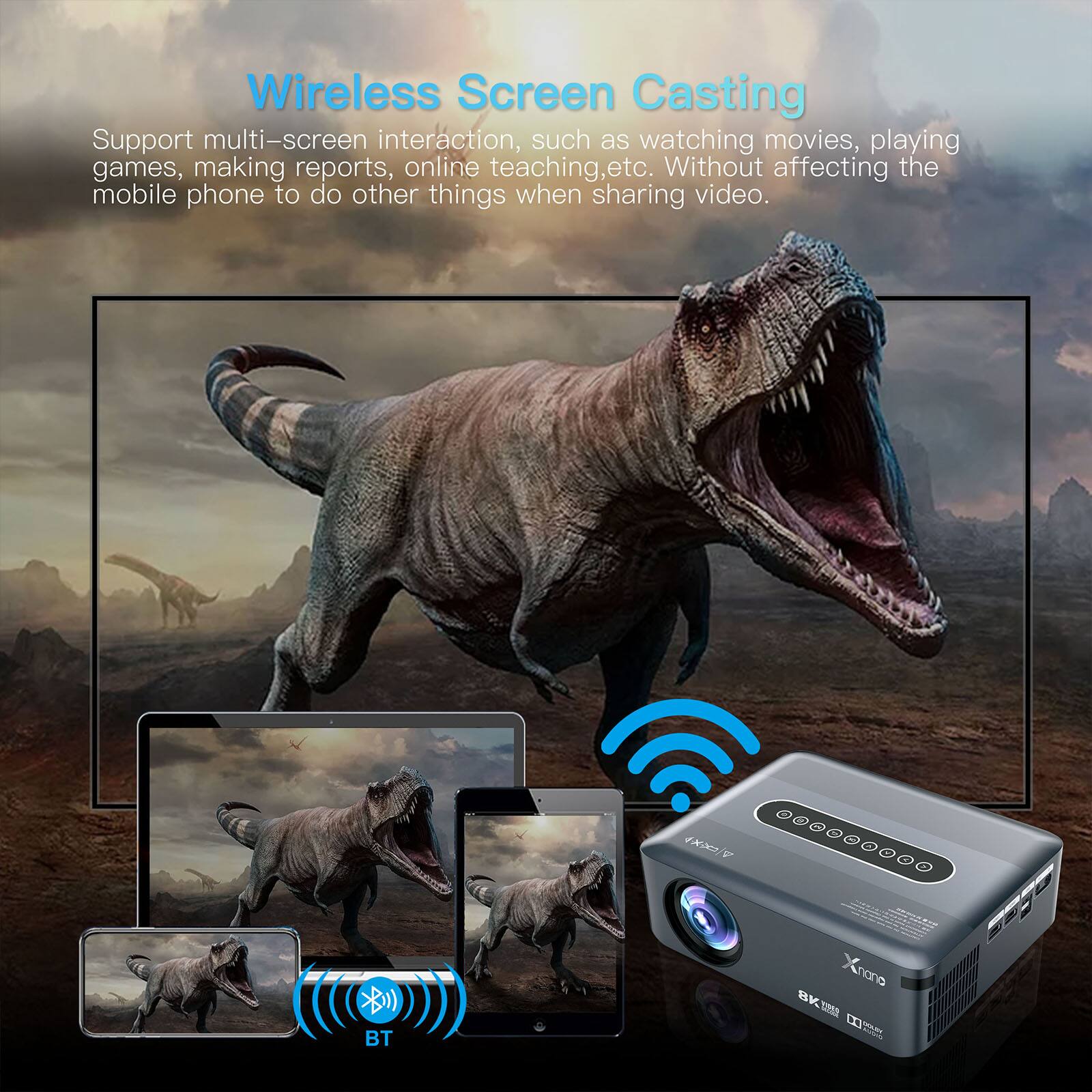 Wireless Screen Casting

Support multi-screen interaction, such as watching movies, playing games, making reports, online teaching, etc. Without affecting the mobile phone to do other things when sharing video.