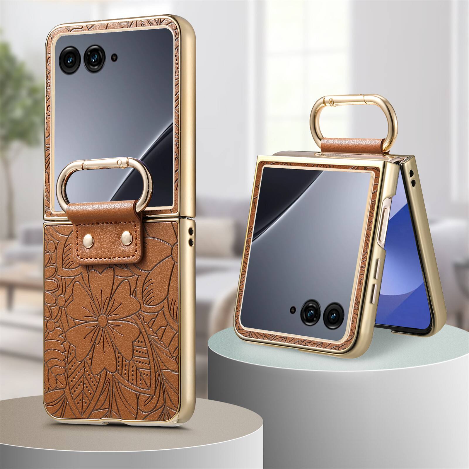 Angle. Dteck - Shockproof Floral Leather Texture Case for Motorola Razr+ (2024), Electroplated Rigid Plastic Cover with Ring Holder - Brown.