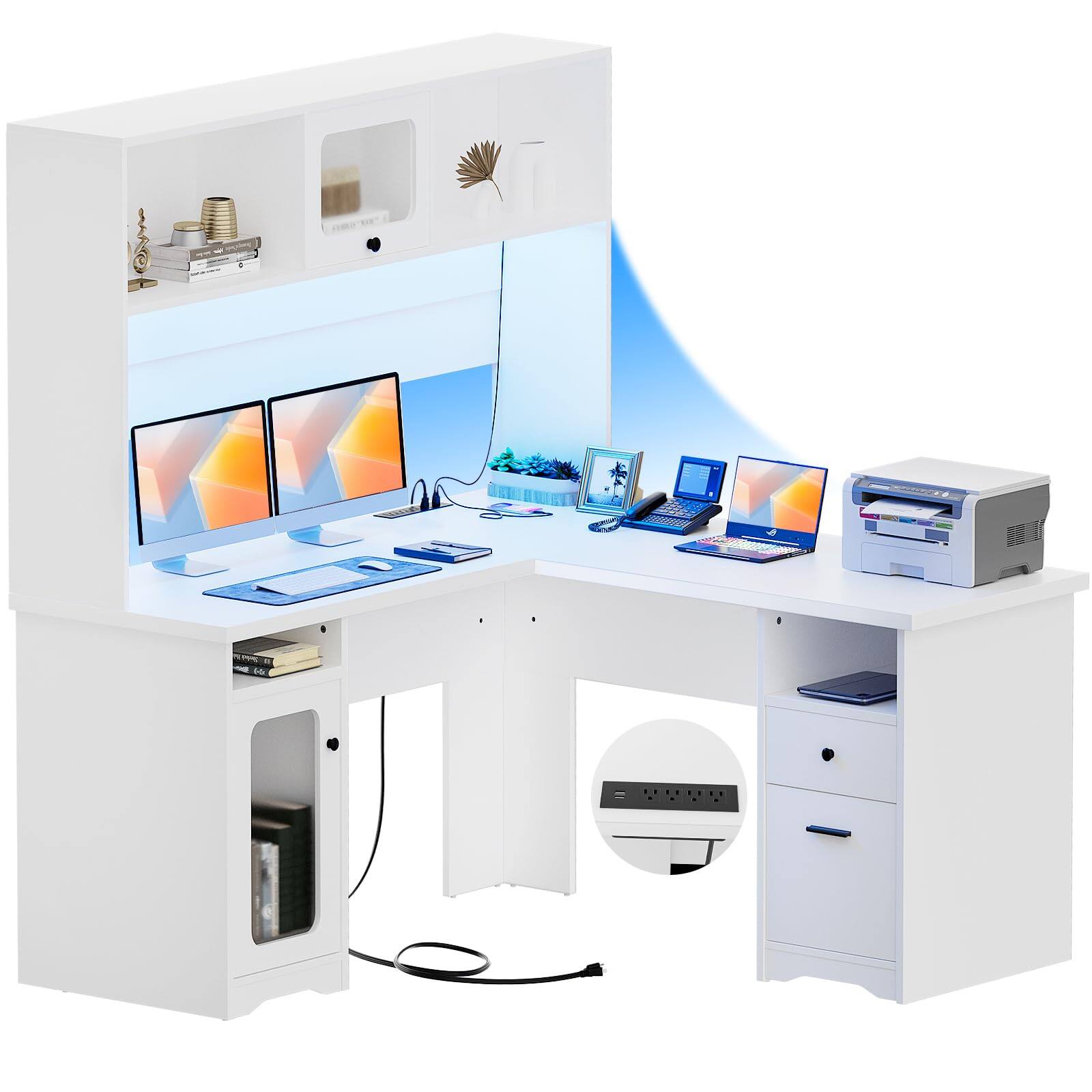 Alt View 2. Aheaplus - L Shaped Desk with Hutch, 60'' Corner Desk Workstation with Charging Station and File Cabinet - White.