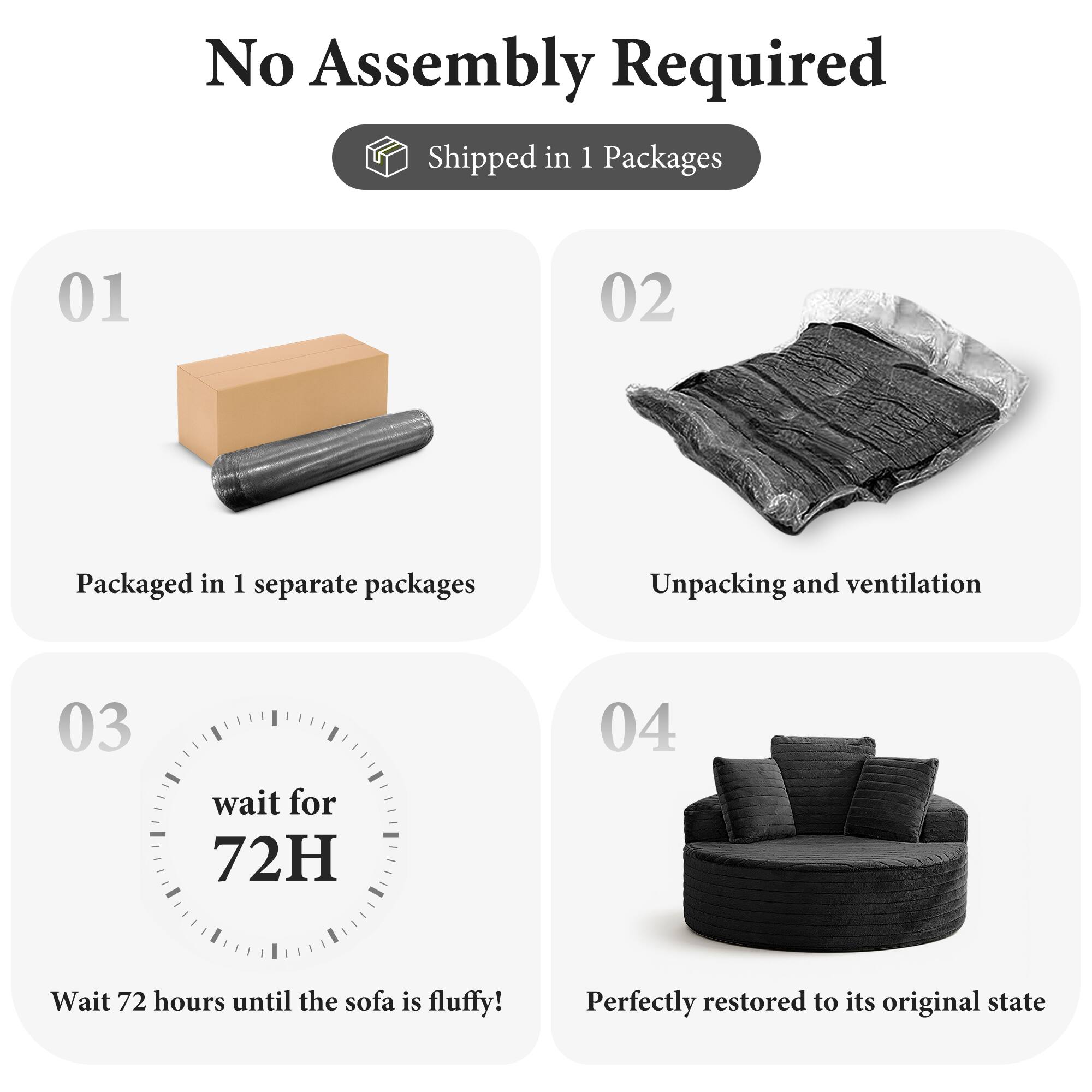 No Assembly Required  
Shipped in 1 Packages  

01  
Packaged in 1 separate packages  

02  
Unpacking and ventilation  

03  
wait for 72H  
Wait 72 hours until the sofa is fluffy!  

04  
Perfectly restored to its original state