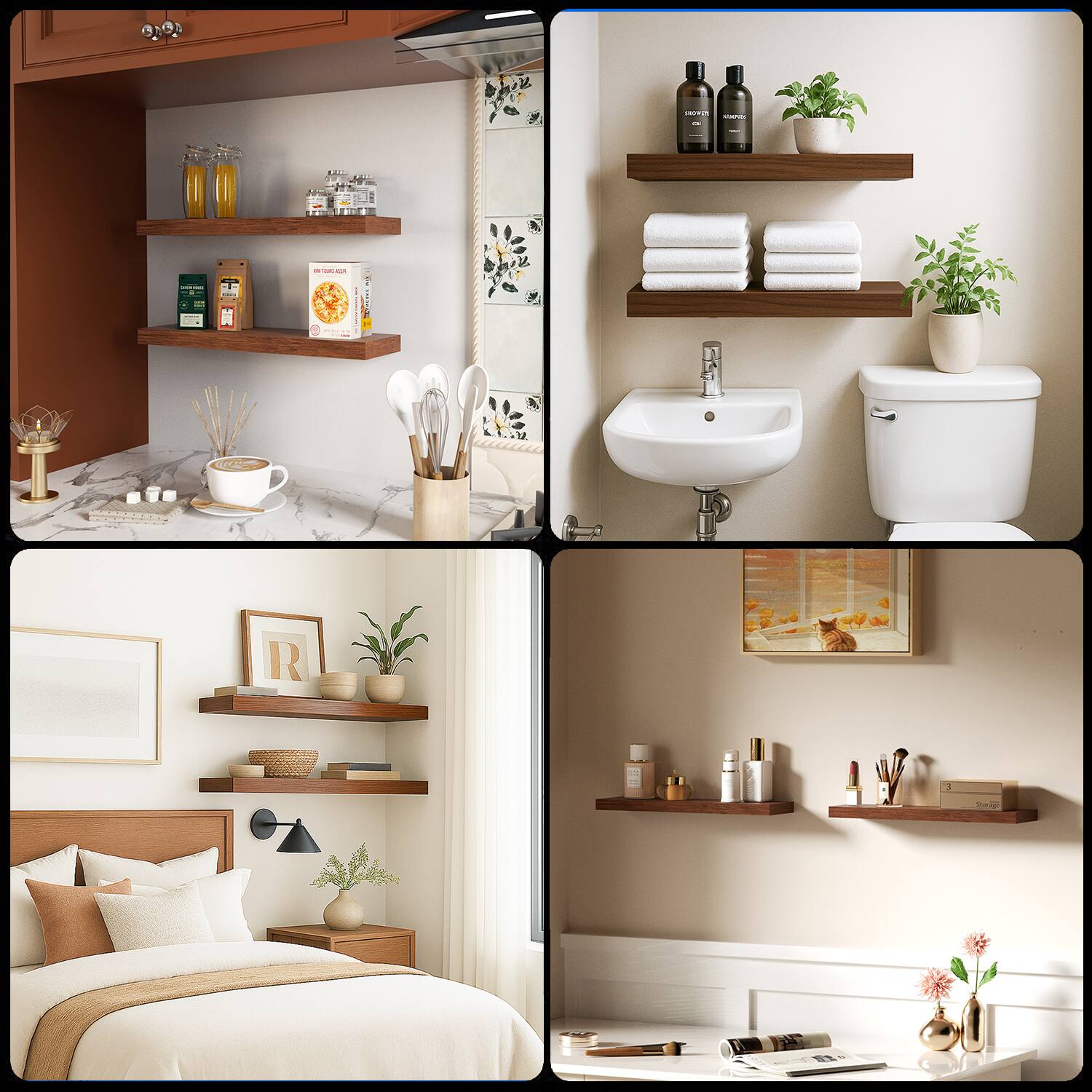 Alt View 7. BOMEDA - 2 Pack Floating Shelves for Wall, Wooden Wall Mounted Shelf for Bathroom or Room, Over Toilet Organizer, 24x7x1.5 in - Walnut-like.