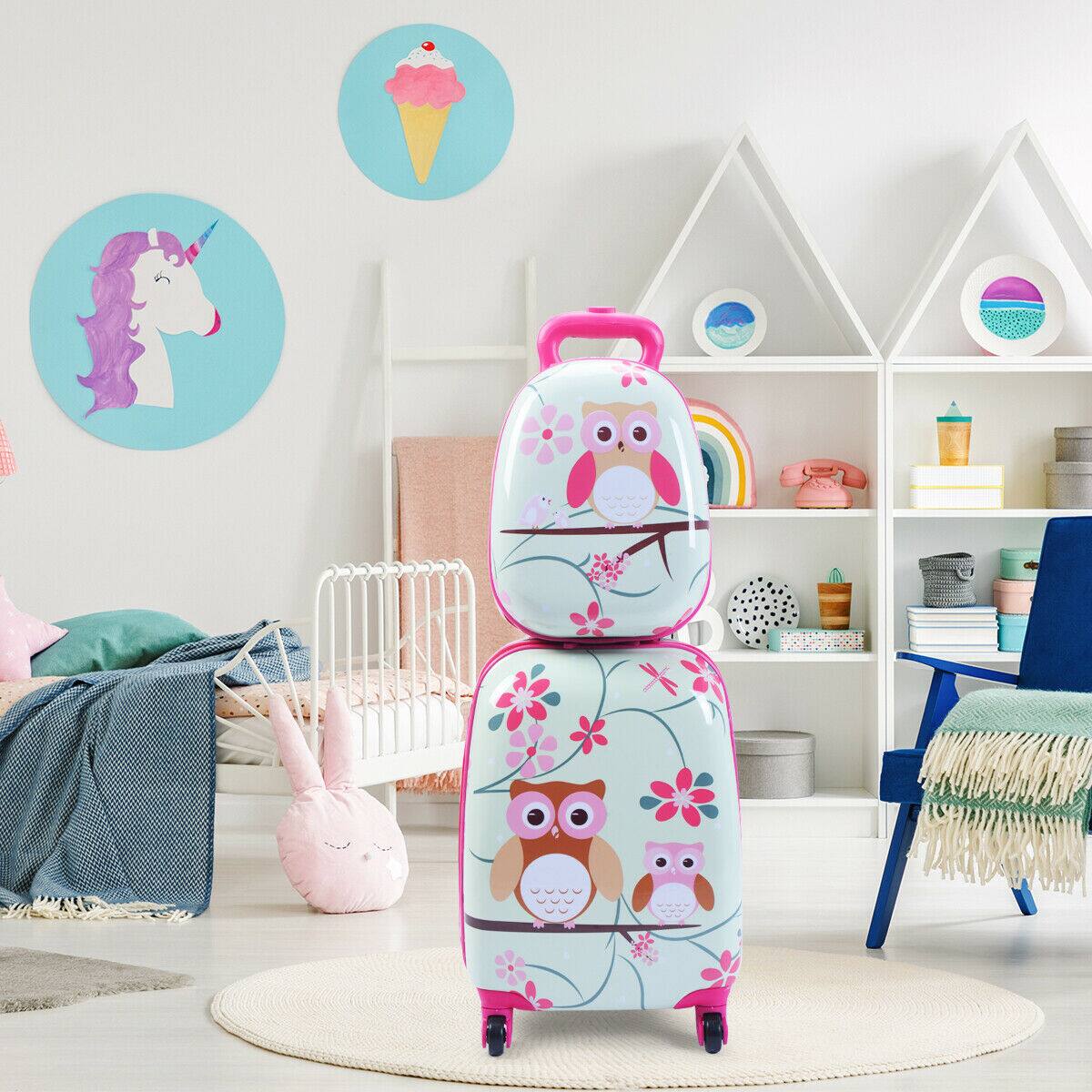 Alt View 13. Costway - 2Pcs 12'' 16'' Kids Luggage Set Suitcase Backpack School Travel Trolley ABS - pink & light green.