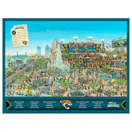 Jacksonville Jaguars
Hey, I'm Joe Journeyman. I played for all 32 NFL teams. Look me up with my black under my right eye and my single black hair. I'm known as the hidden talent of the NFL. Can you find me in Jacksonville?
"Washable Crayons" "Frohnes" "Satar Skatei" "Jaguar Jukabua" "Harneback Rider" "Blaes Band" "Diving Board" "Pelling the Flag" "Throwing the Kitchen Sink" "Slapsick" "Diving Board" "Crescent Rass" "Bread Butter Pickles" "Ein FIAN" "Trophy Fish" "Armed Car" "Patata Sack" "JOURNEYMAN" "Rafting Rabbit" "Taight Fishing"