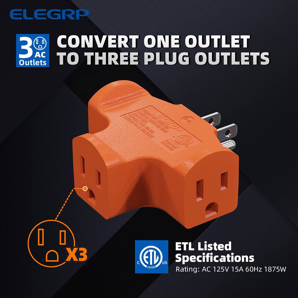 ELEGRP  
3 AC Outlets  
CONVERT ONE OUTLET TO THREE PLUG OUTLETS  

ETL Listed Specifications  
Rating: AC 125V 15A 60Hz 1875W