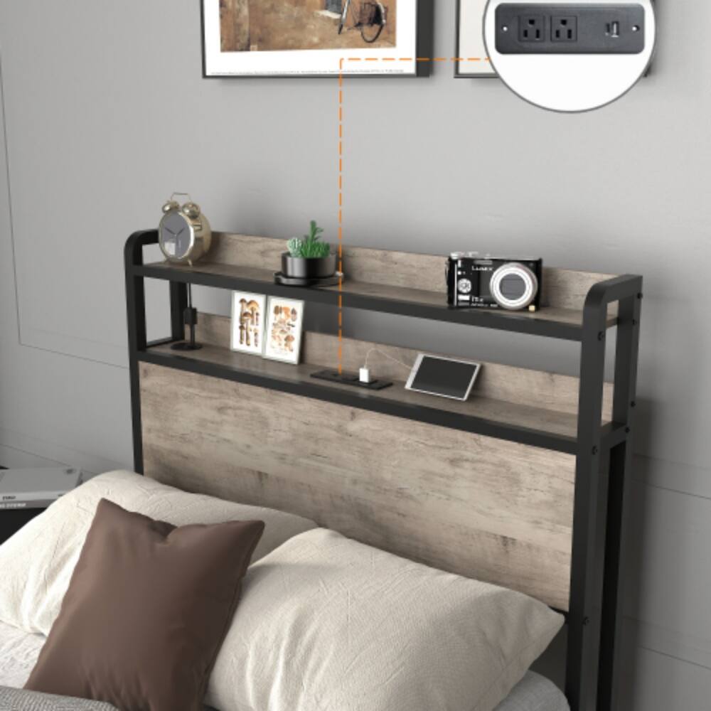 Alt View 3. LUCKY ONE - Twin Size Bed Frame with Headboard, RGB LED Lights, USB Charging Station, Storage, No Box Spring Needed, Easy Assembly - Black+ Gray.