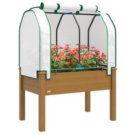 Outsunny - Raised Garden Bed with PE Greenhouse Cover Outdoor Elevated Wood Planter Box for Herbs and Vegetables