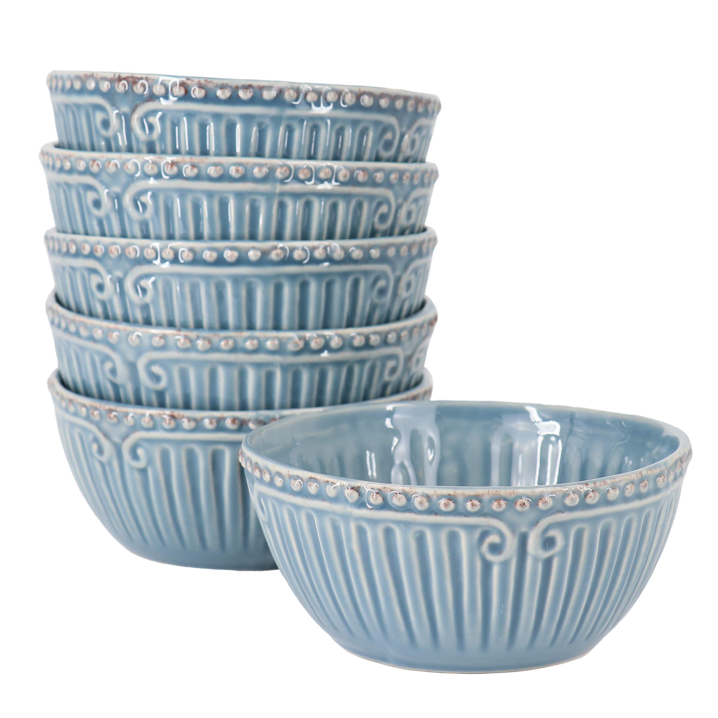 Modern Southern Home - Capri 6 Piece 6 Inch Stoneware Embossed Cereal Bowl Set - Blue