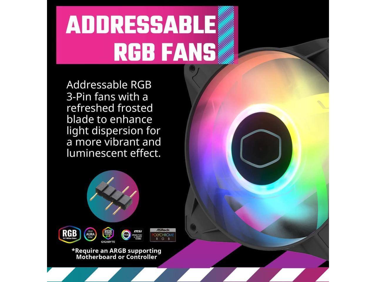 ADDRESSABLE RGB FANS

Addressable RGB 3-Pin fans with a refreshed frosted blade to enhance light dispersion for a more vibrant and luminescent effect.

*Require an ARGB supporting Motherboard or Controller

RGB AURA d 2.0 SFNC GIGABYTE /SRed msi ROS BTR POLYCHROME LIAT - RGB R G d