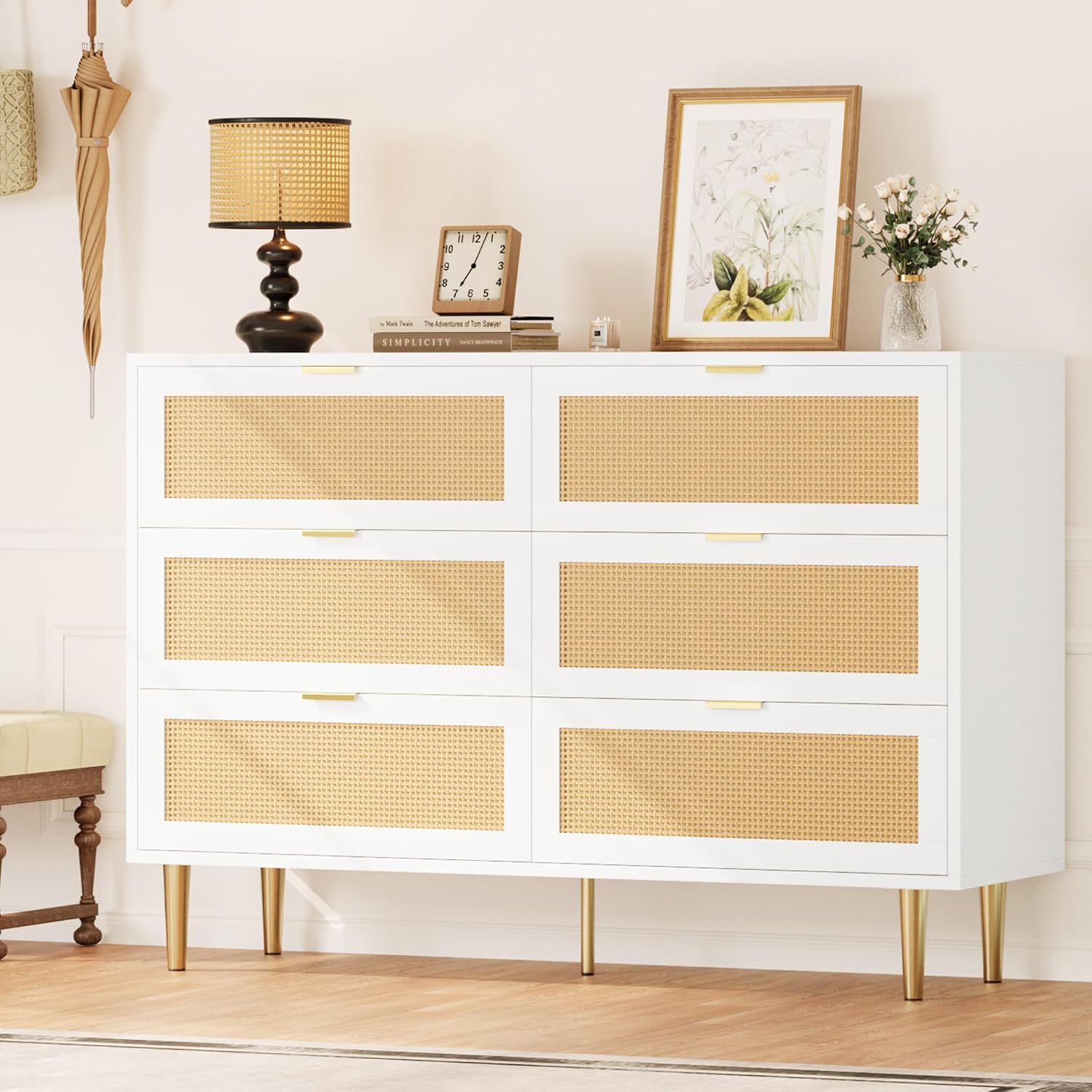 Left. Acekool - Natural Rattan 6-Drawer Dresser with Gold Legs & Handles, Wide Double Chest with Anti-Tipping Design, Living Room - White.
