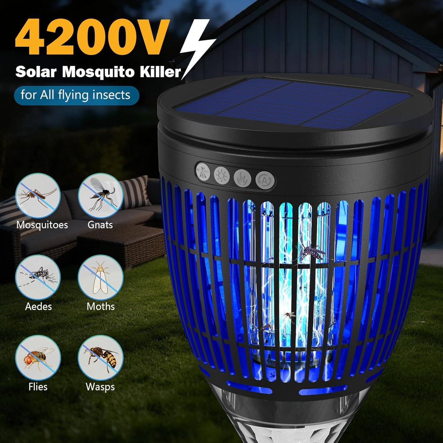 4200V Solar Mosquito Killer for All flying insects

- Mosquitoes
- Gnats
- Aedes
- Moths
- Flies
- Wasps