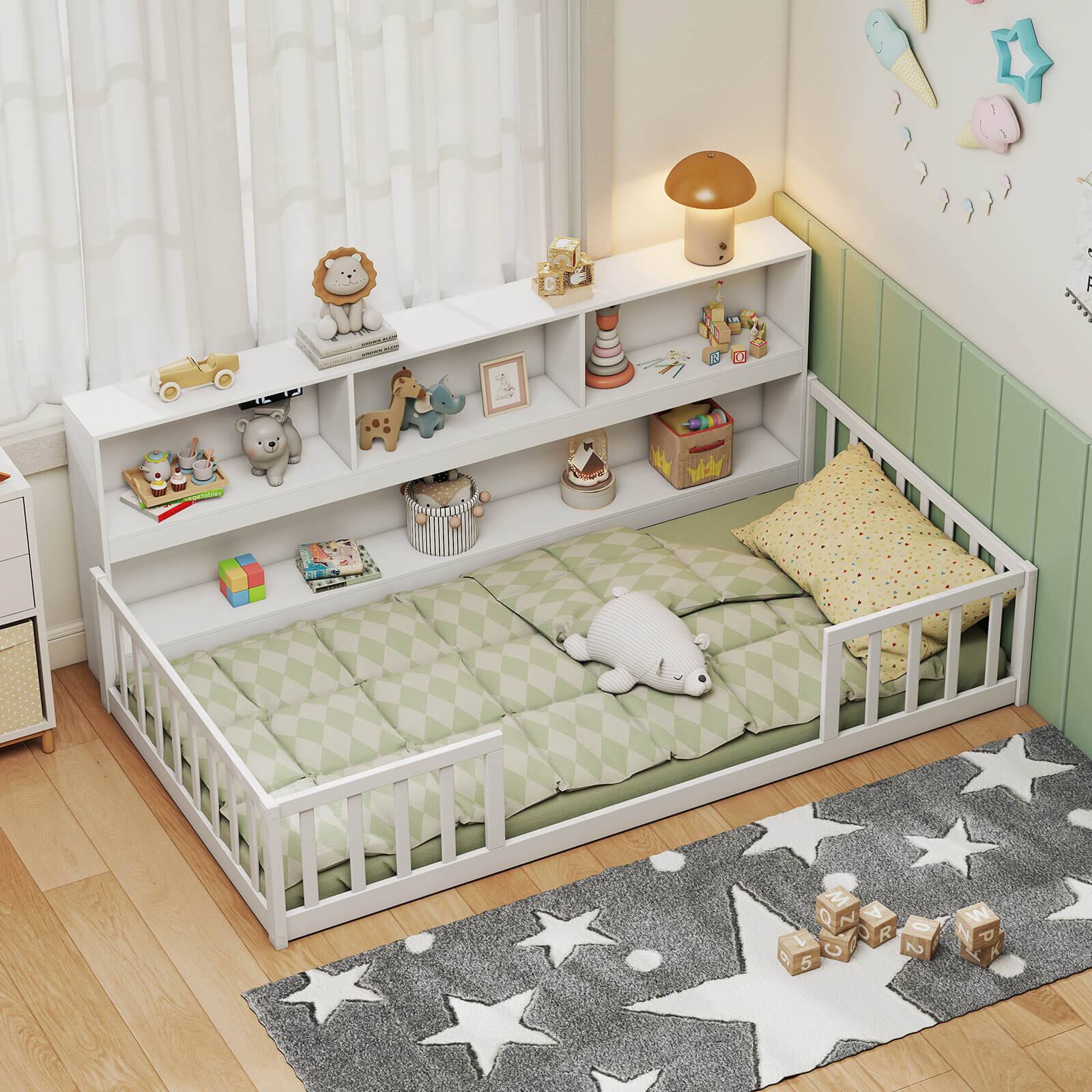 Alt View 5. Costway - Costway Twin Size Montessori Floor Bed with Bookcase Storage Shelves & Safety Fence Rails White - White.