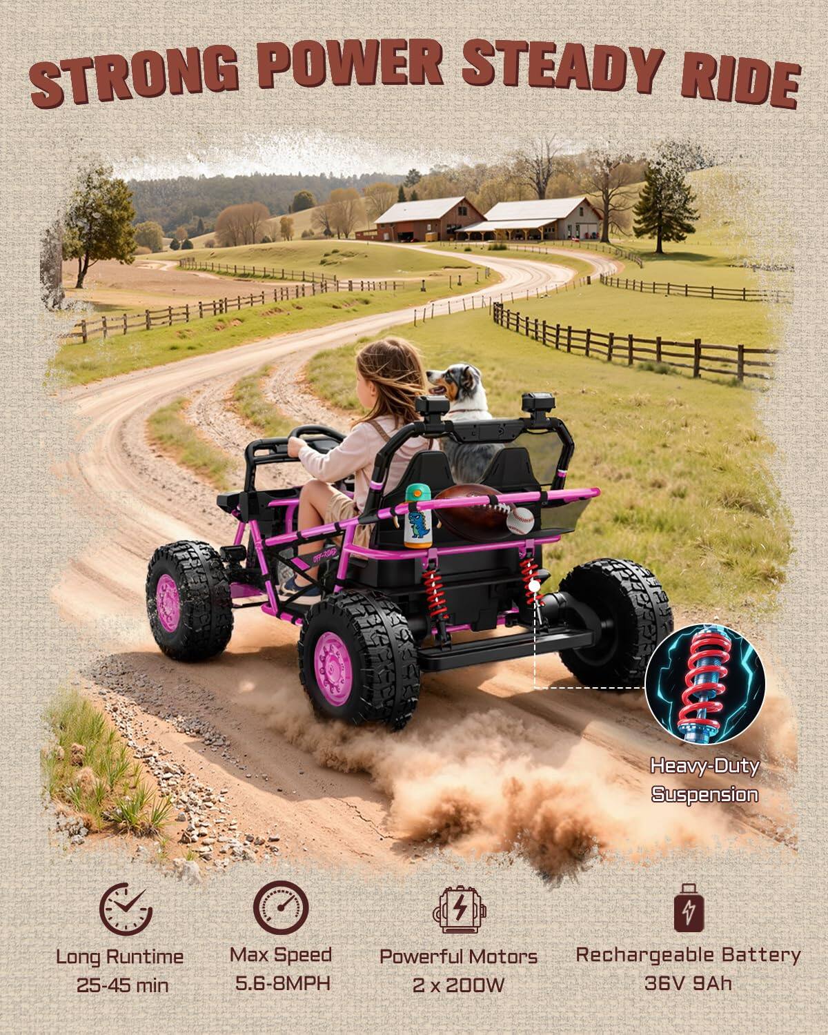 STRONG POWER STEADY RIDE

- Heavy-Duty Suspension
- Long Runtime: 25-45 min
- Max Speed: 5.6-8MPH
- Powerful Motors: 2 x 200W
- Rechargeable Battery: 36V 9Ah