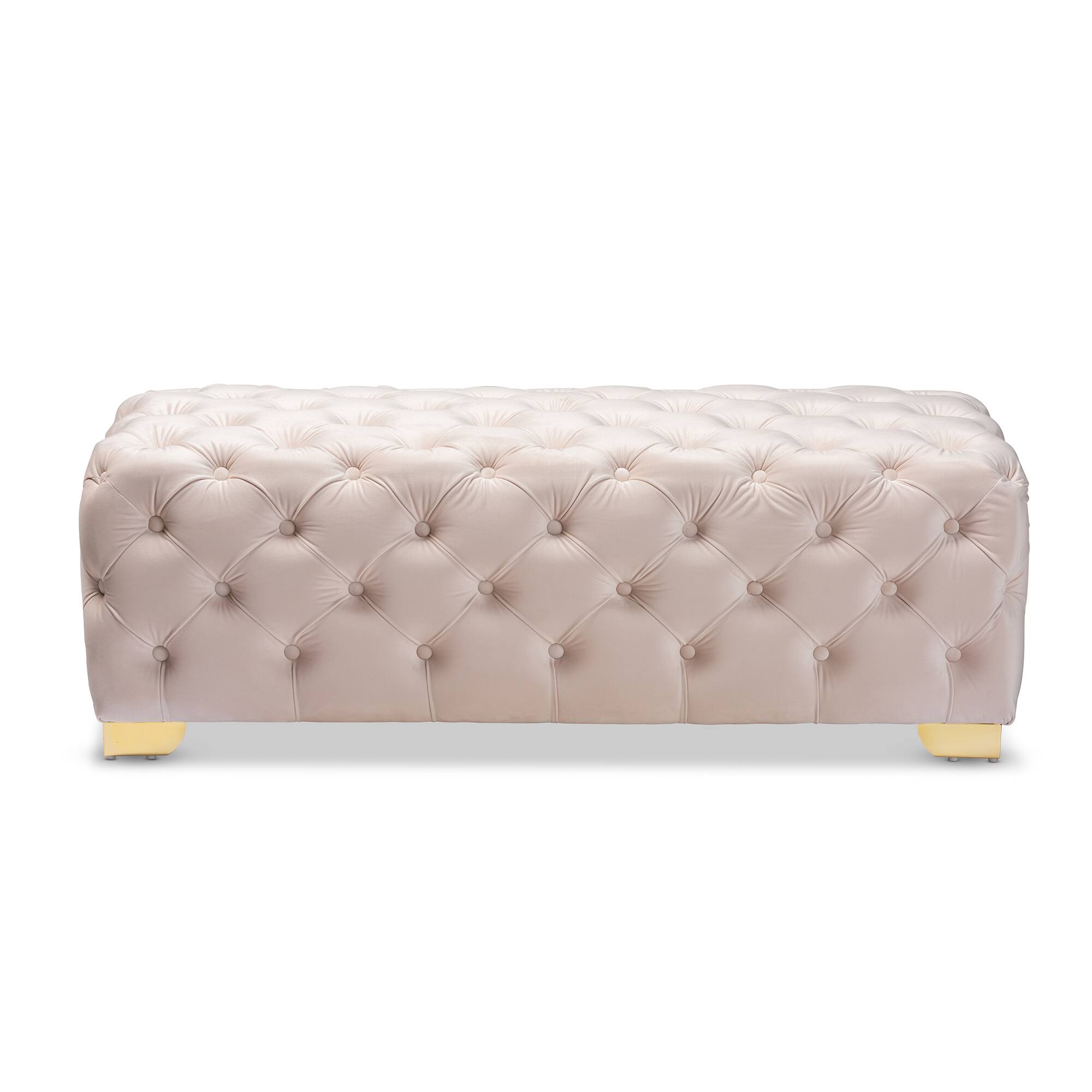 Angle. Baxton Studio - Avara Glam and Luxe Velvet Fabric Upholstered Gold Finished Button Tufted Bench Ottoman - Light Beige/Gold.