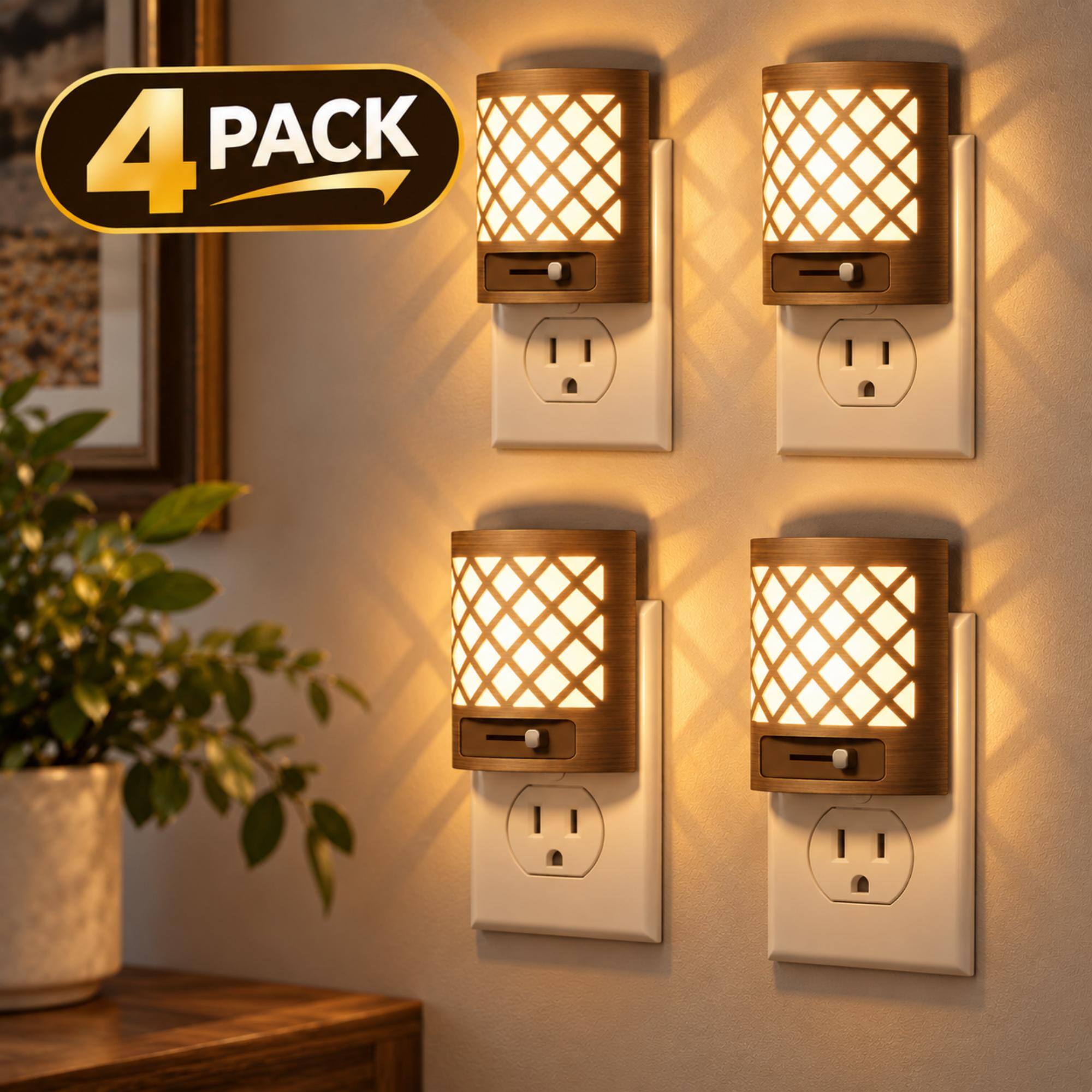 Front. Jandcase - JANDCASE 4-Pack 1W  Plug-in Night Light, 3000K Warm Glow with Slide Dimmer 0-100%, Dusk-to-Dawn Sensor - Brown.