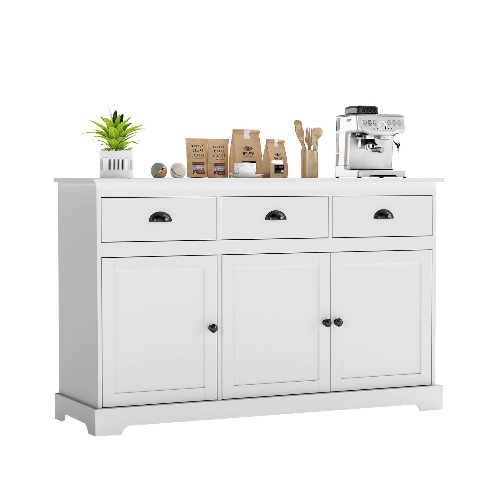 Gymax - Modern Buffet Sideboard 53.5'' Storage Cabinet w/ 3 Drawers 3 Doors - White